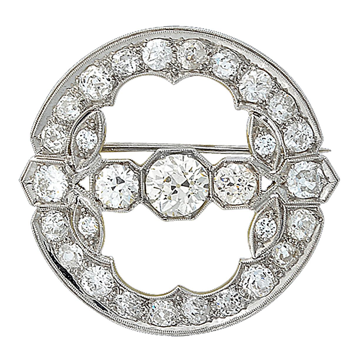 Old European Cut Art Deco 5.35 Carat Diamond Platinum Brooch For Sale