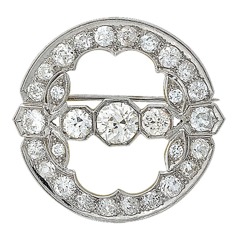 Old European Cut Art Deco 5.35 Carat Diamond Platinum Brooch For Sale