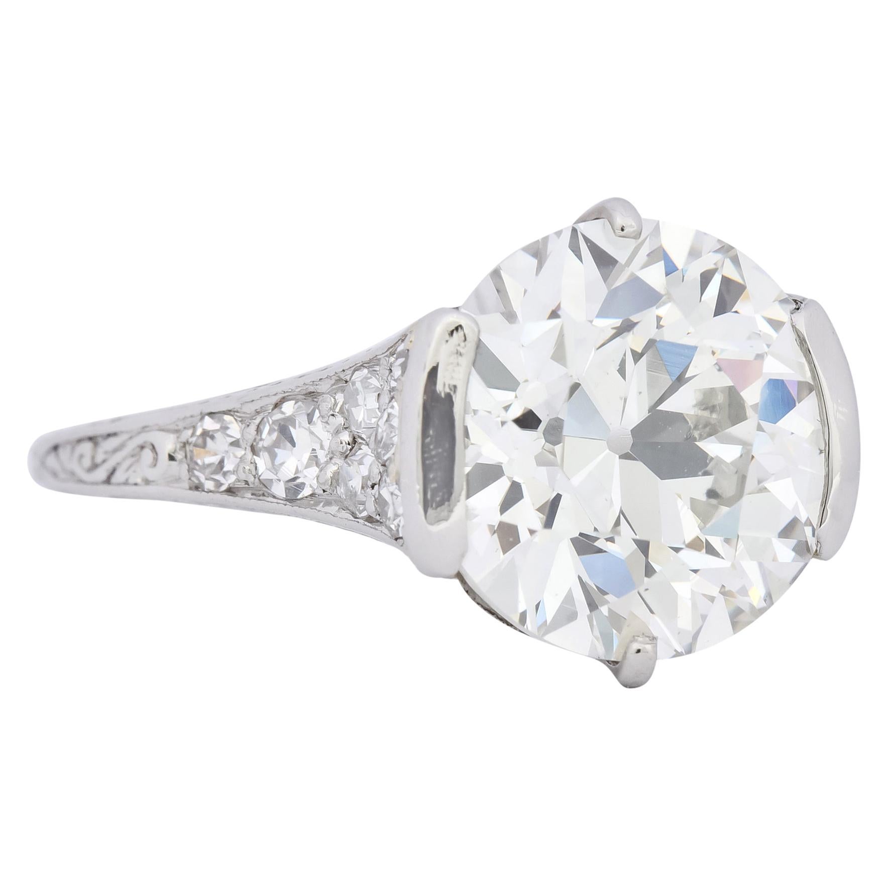 Art Deco 5.37 Carat Old European Diamond Platinum Engagement Ring GIA