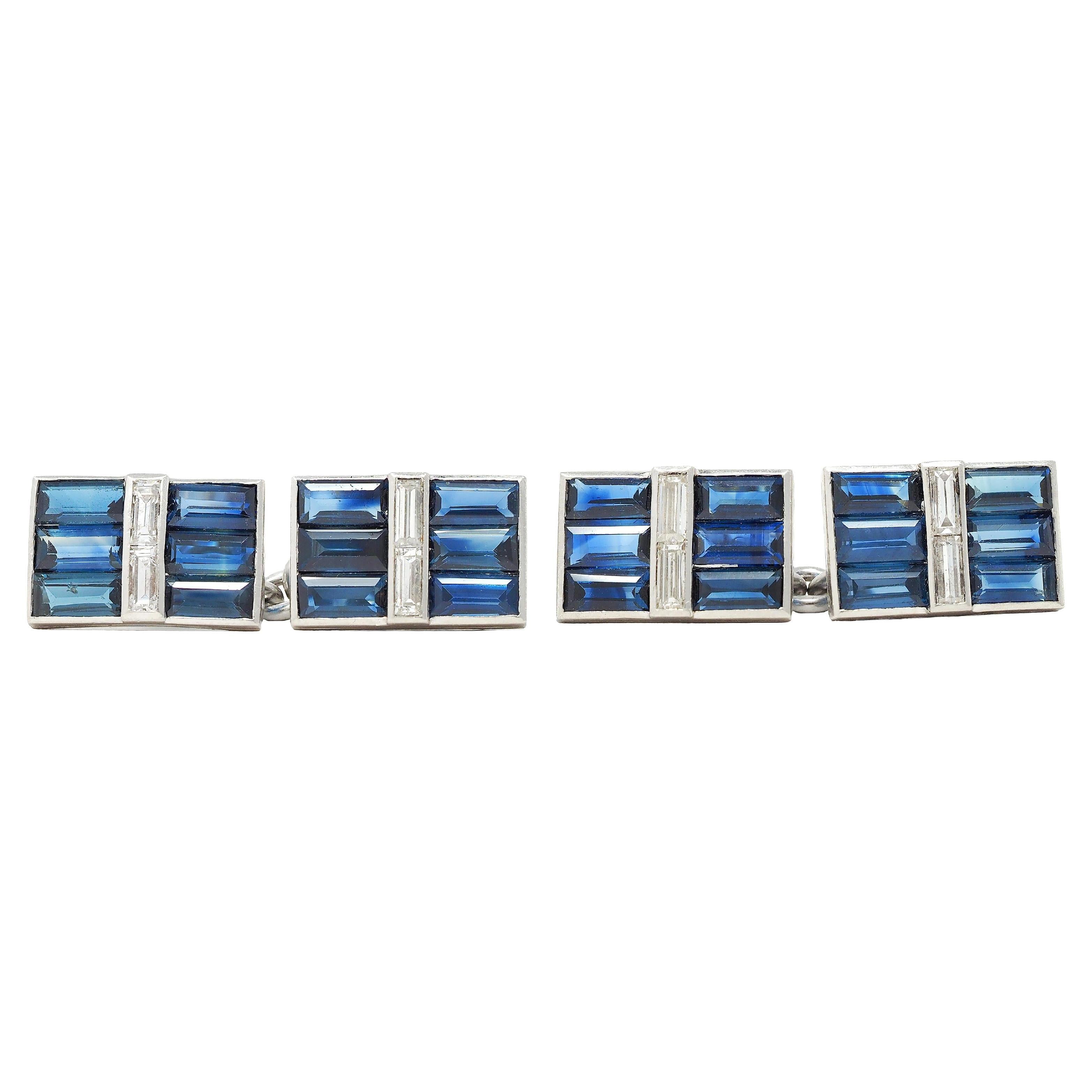 Art Deco 5.44 CTW Sapphire Diamond 14 Karat White Gold Vintage Cufflinks