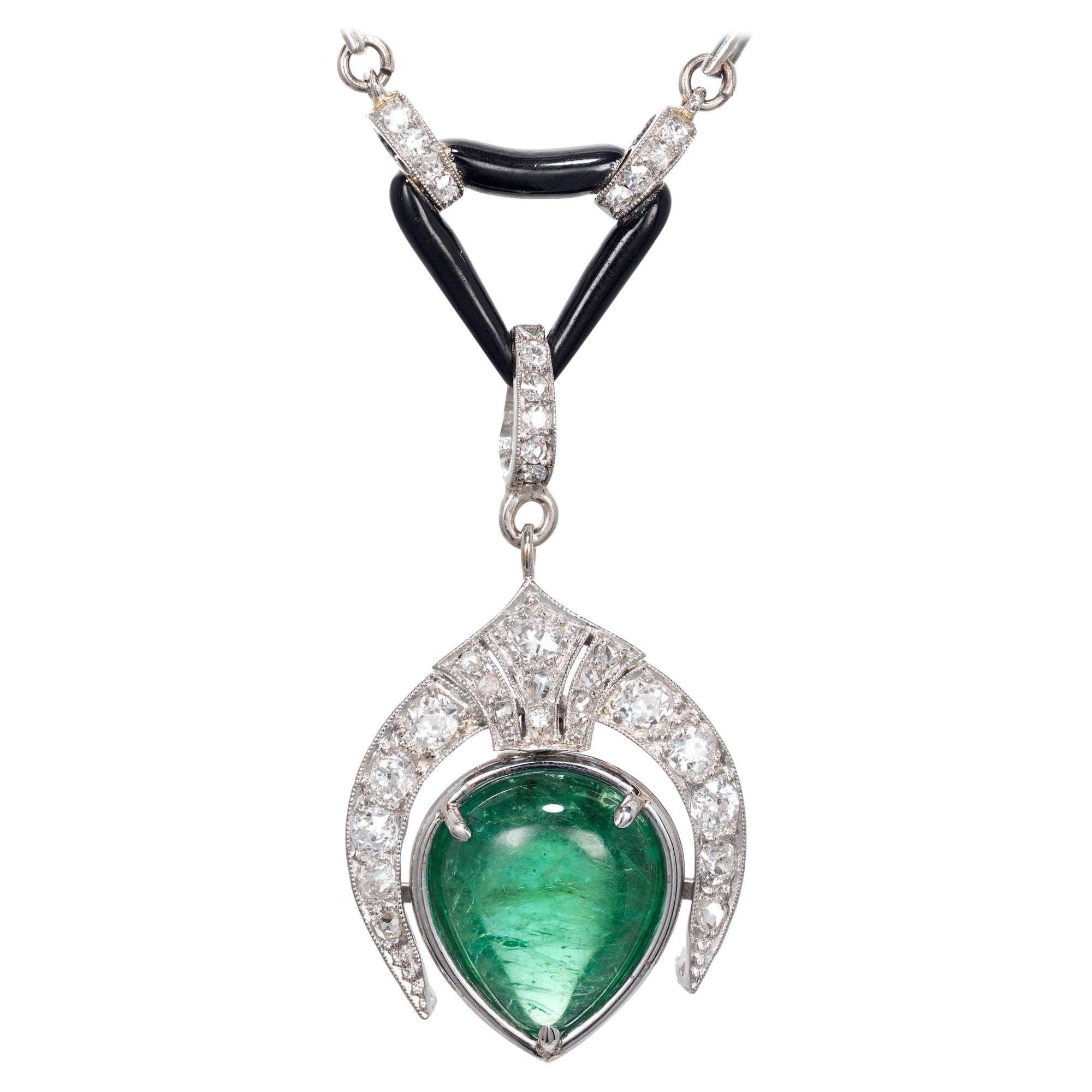 GIA 5.46ct Emerald Diamond Pearl Onyx Platinum Gold Pendant Necklace