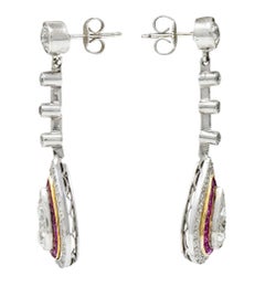 Art Deco 5.50 Carats Diamond Ruby Platinum Yellow Gold Pear Drop Earrings