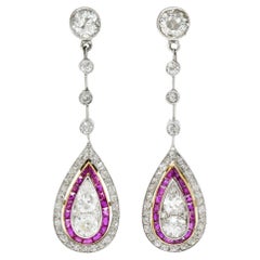 Art Deco 5.50 Carats Diamond Ruby Platinum Yellow Gold Pear Drop Earrings