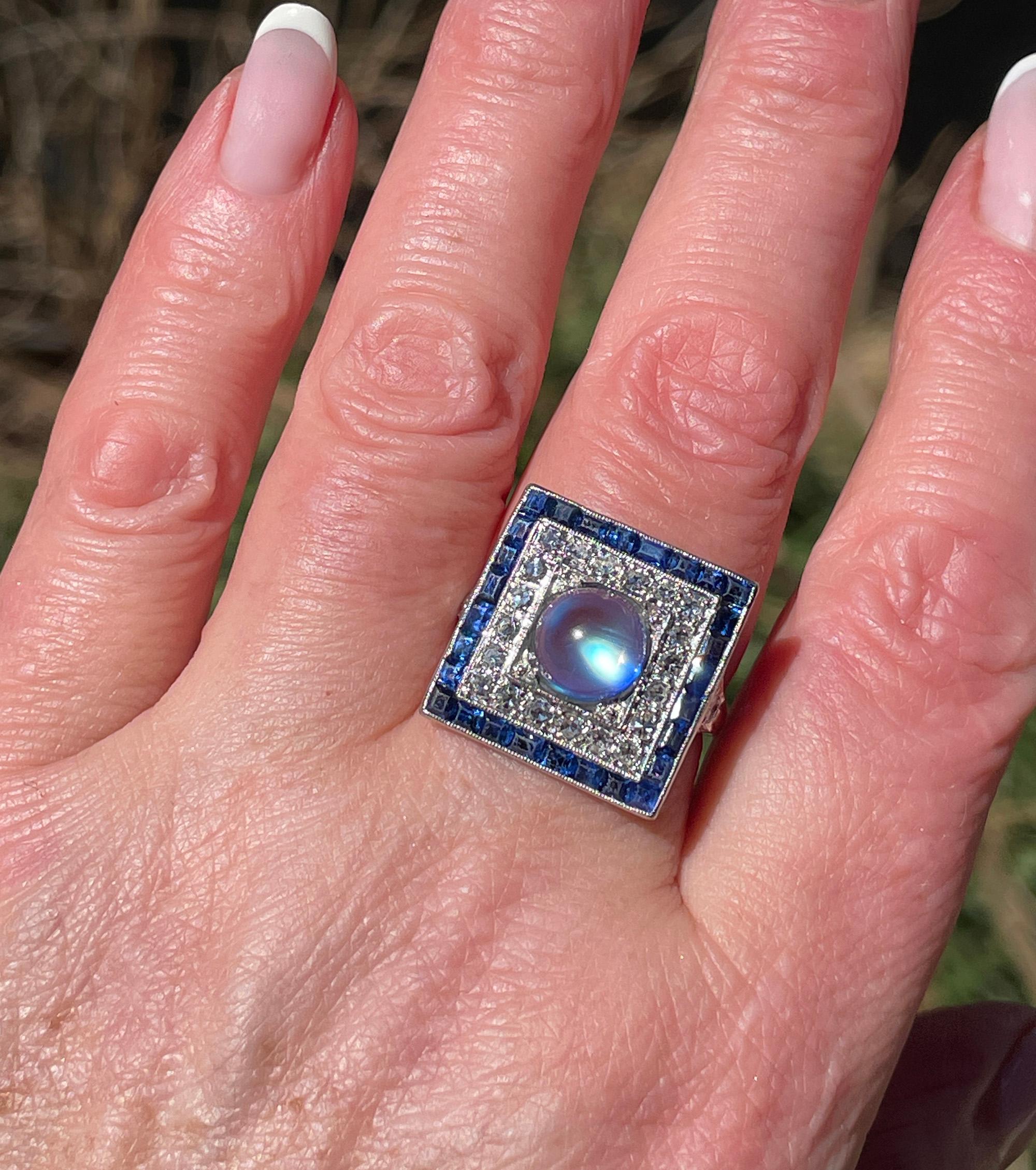 Art Deco 5.54ctw Blue Moonstone Diamond Sapphire Platinum Dinner Ring, C. 1920 For Sale 5