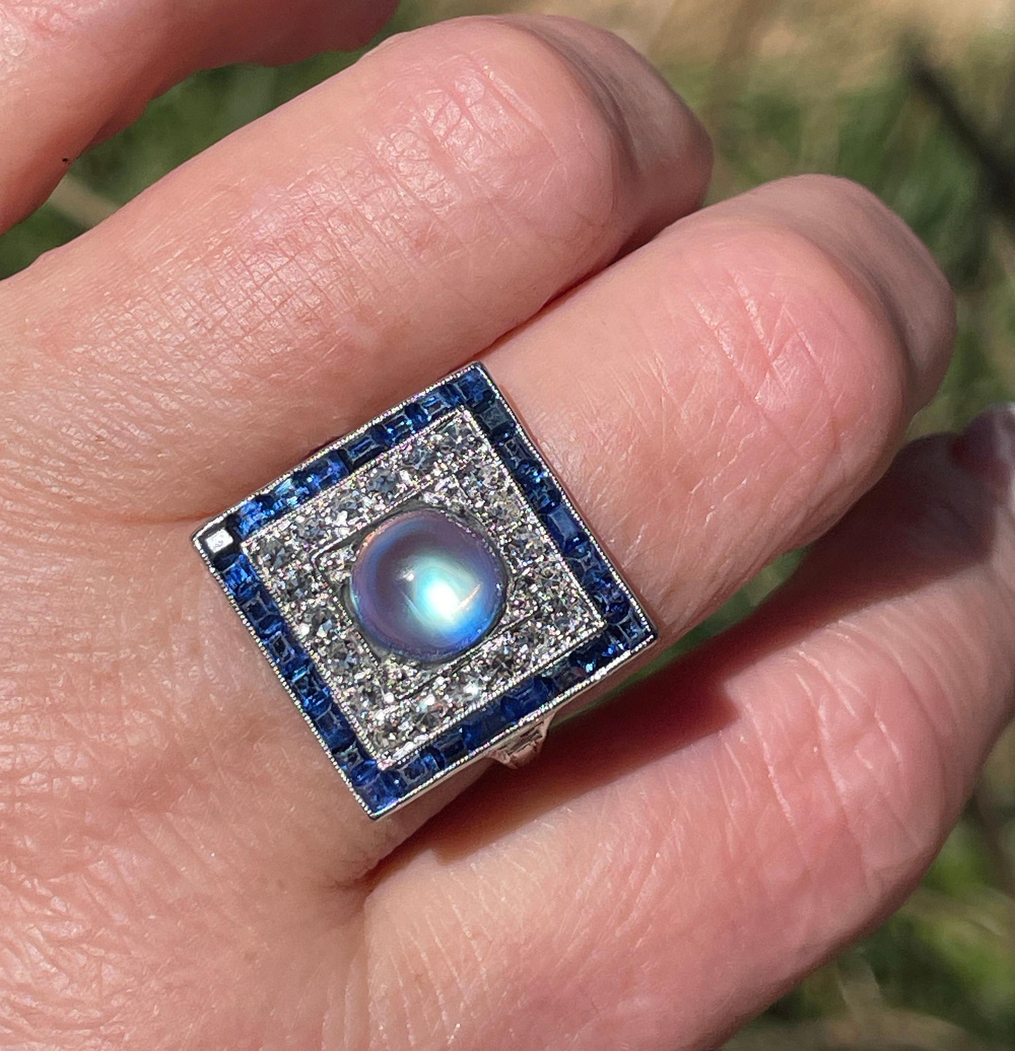 Art Deco 5.54ctw Blue Moonstone Diamond Sapphire Platinum Dinner Ring, C. 1920 For Sale 6