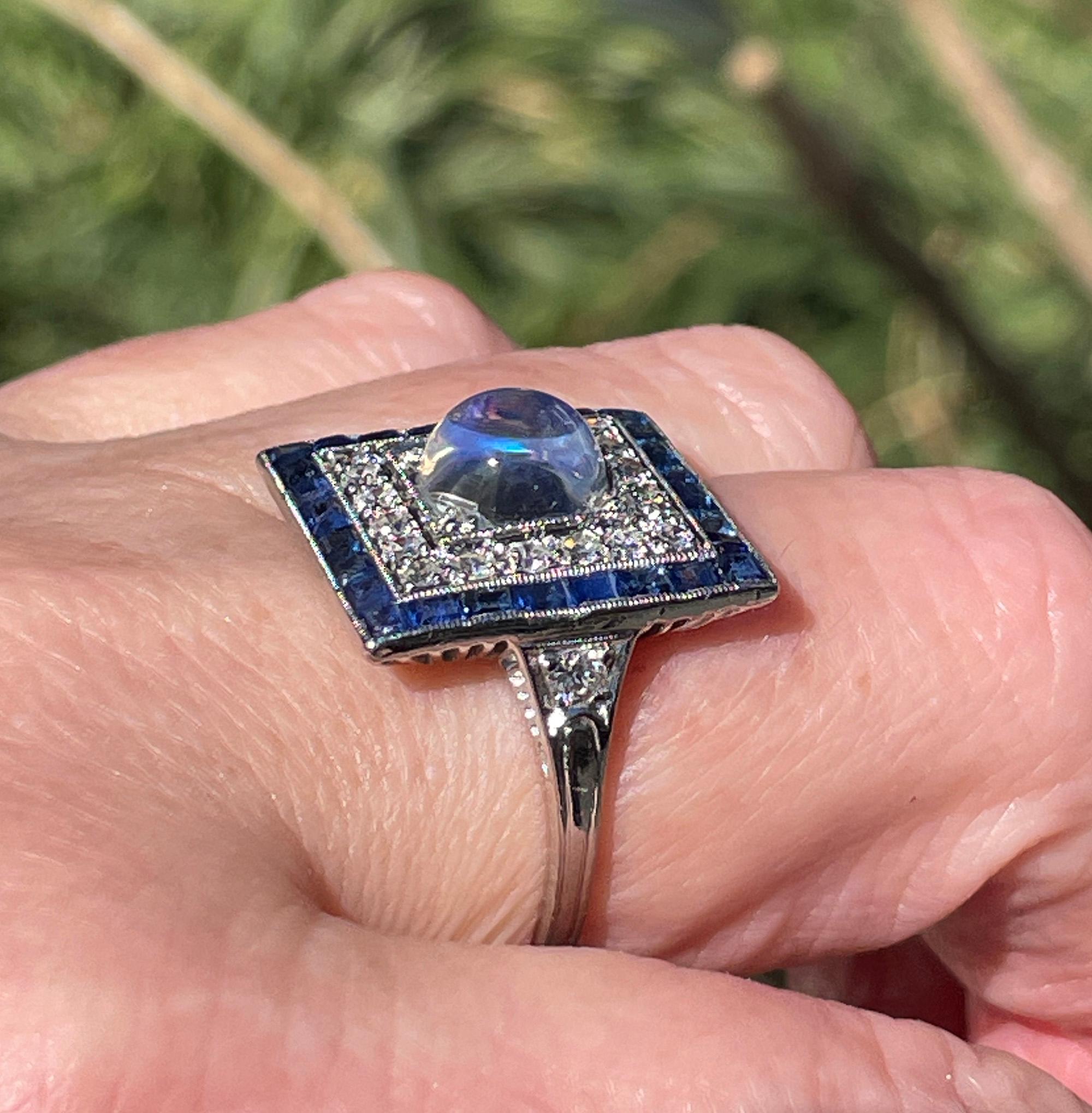 Art Deco 5.54ctw Blue Moonstone Diamond Sapphire Platinum Dinner Ring, C. 1920 For Sale 7