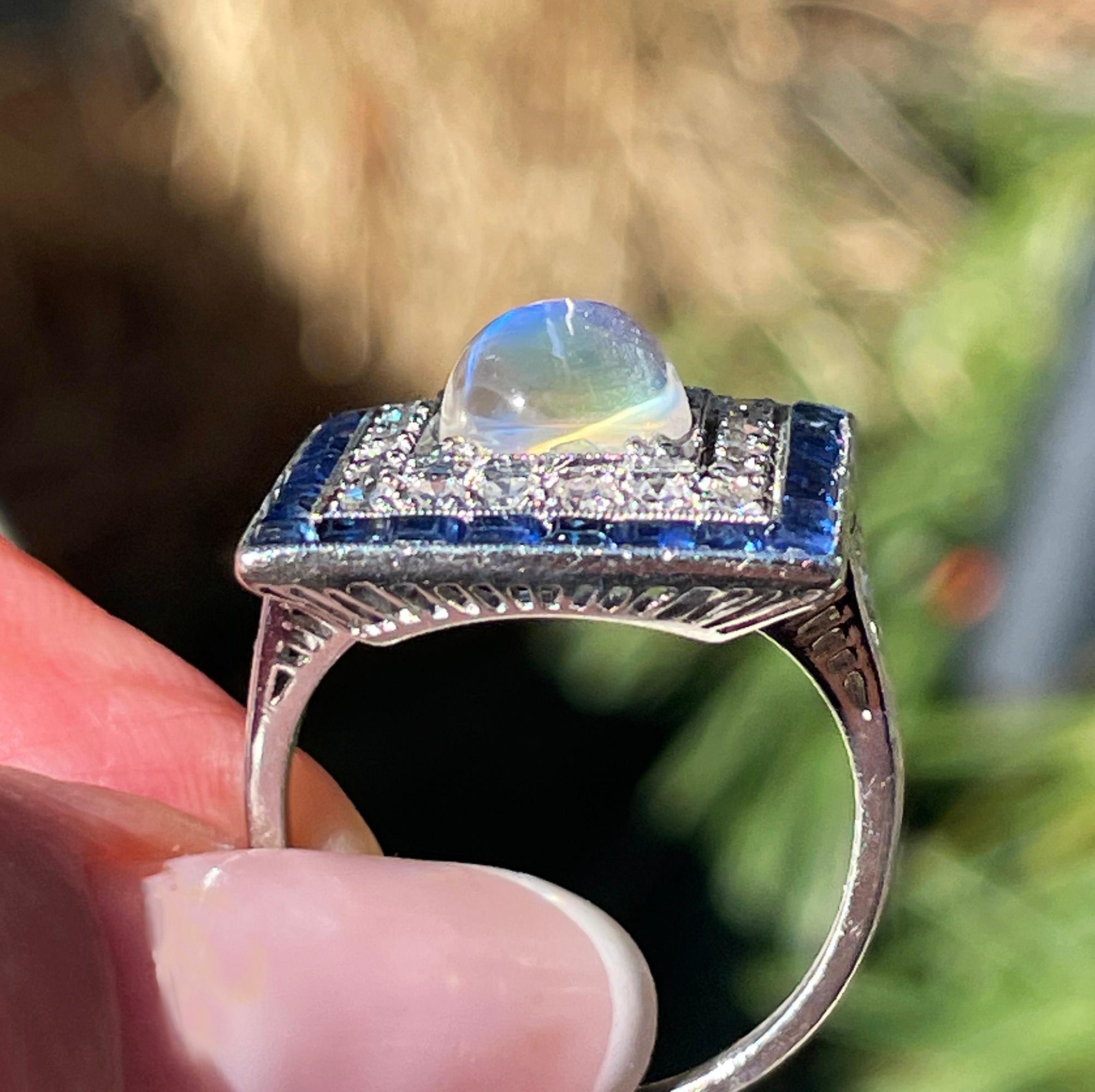 Art Deco 5.54ctw Blue Moonstone Diamond Sapphire Platinum Dinner Ring, C. 1920 For Sale 11