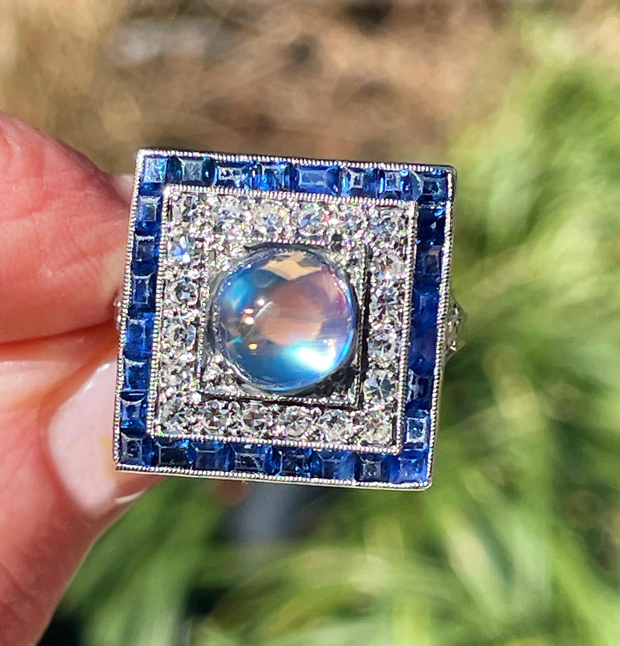 Art Deco 5.54ctw Blue Moonstone Diamond Sapphire Platinum Dinner Ring, C. 1920 For Sale 12