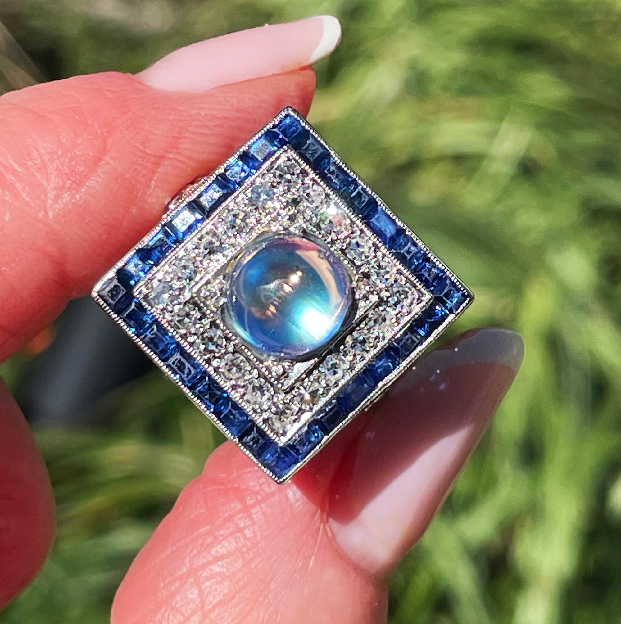 Art Deco 5.54ctw Blue Moonstone Diamond Sapphire Platinum Dinner Ring, C. 1920 For Sale 13