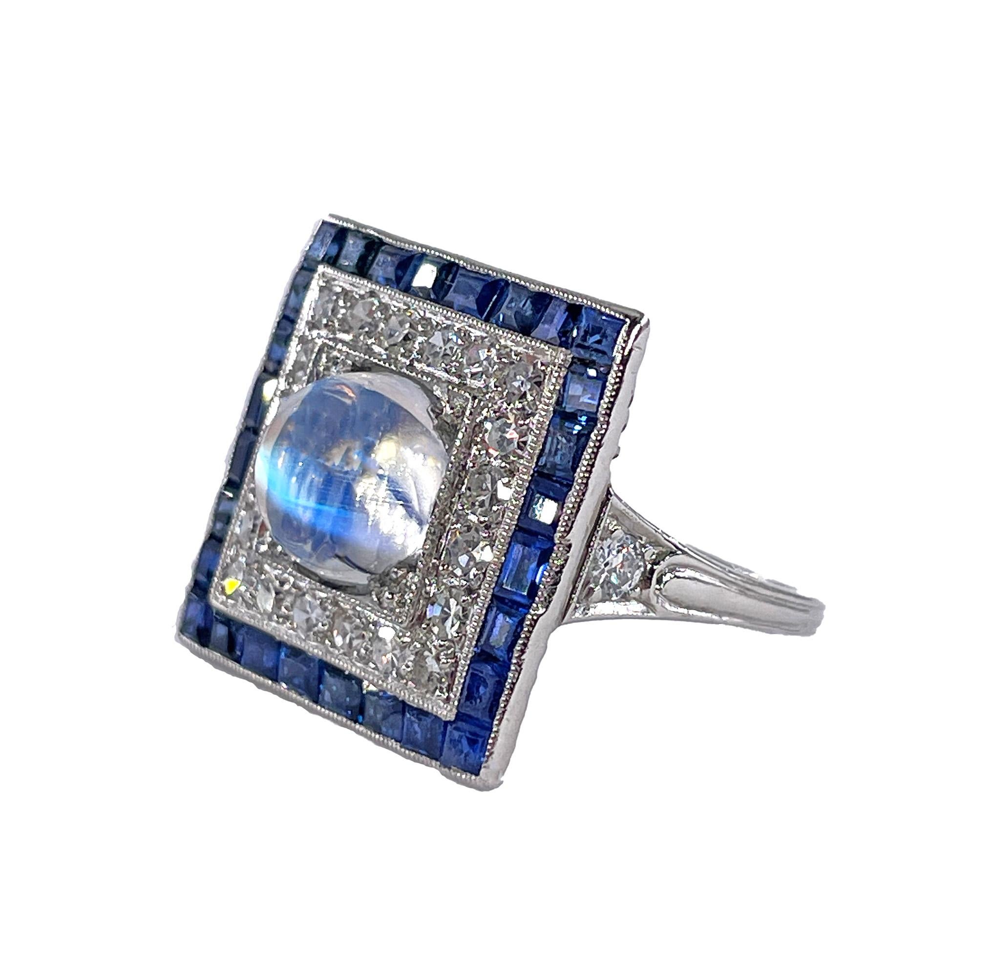 Cabochon Art Deco 5.54ctw Blue Moonstone Diamond Sapphire Platinum Dinner Ring, C. 1920 For Sale