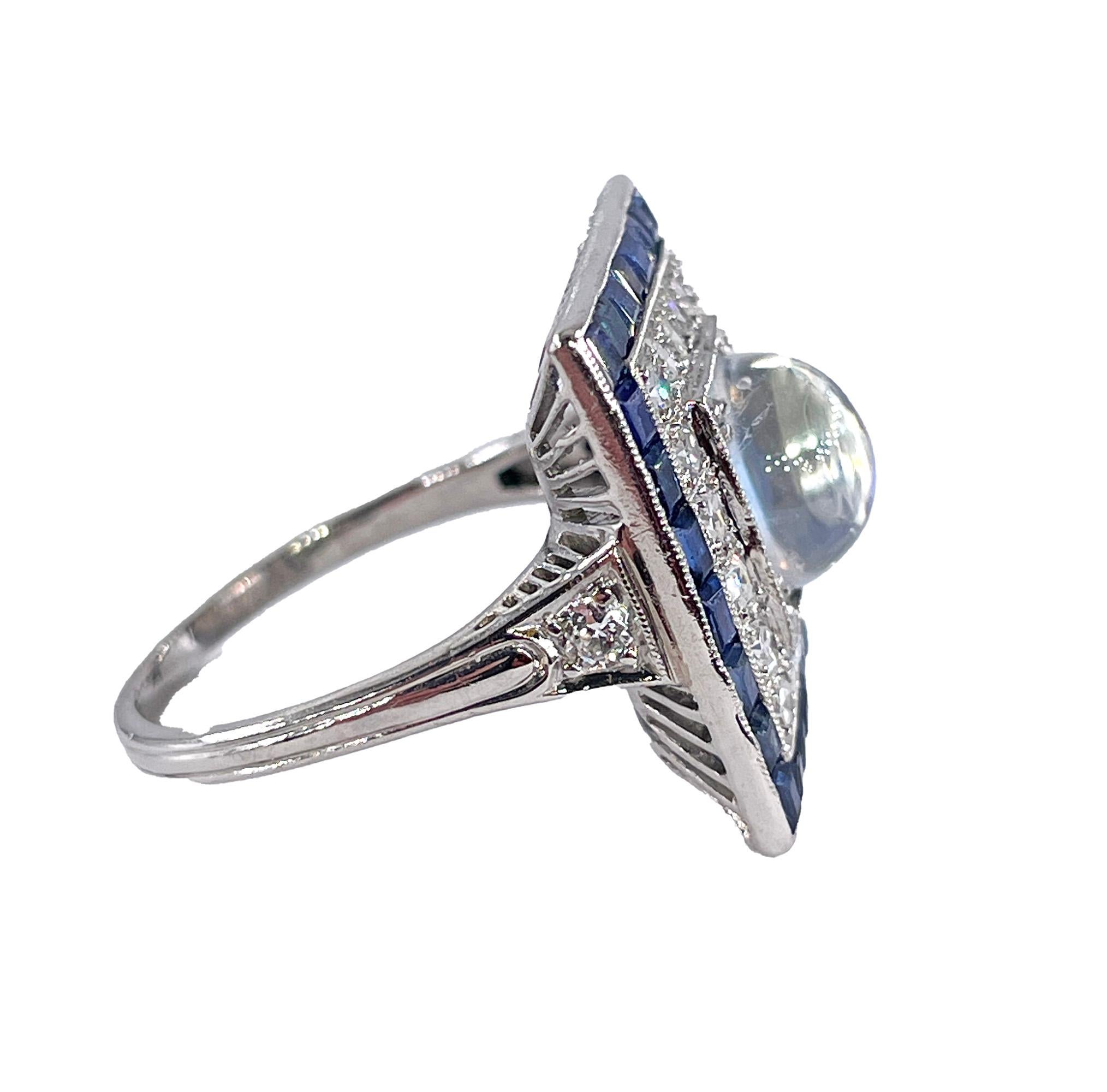 Art Deco 5.54ctw Blue Moonstone Diamond Sapphire Platinum Dinner Ring, C. 1920 In Good Condition For Sale In New York, NY