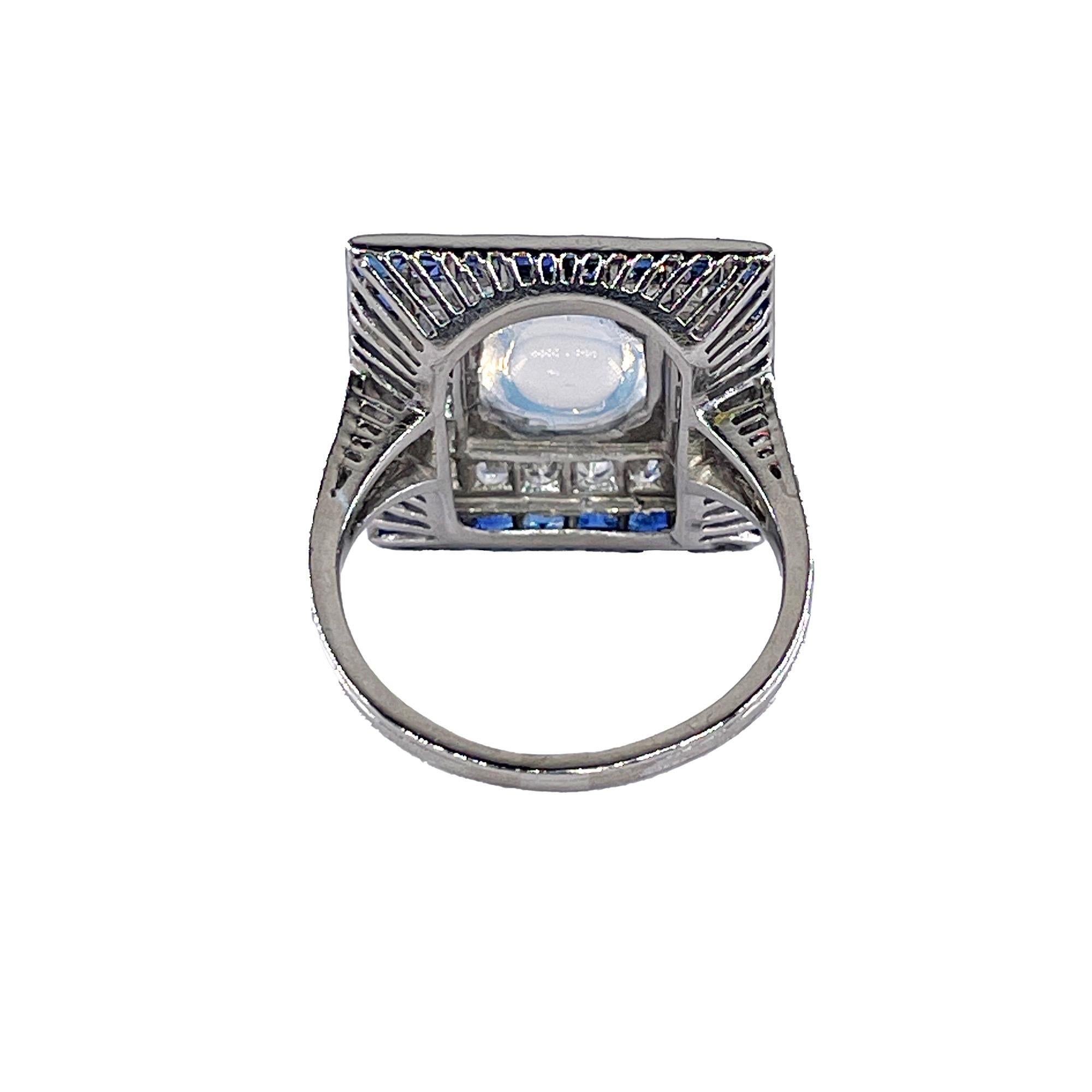 Women's Art Deco 5.54ctw Blue Moonstone Diamond Sapphire Platinum Dinner Ring, C. 1920 For Sale