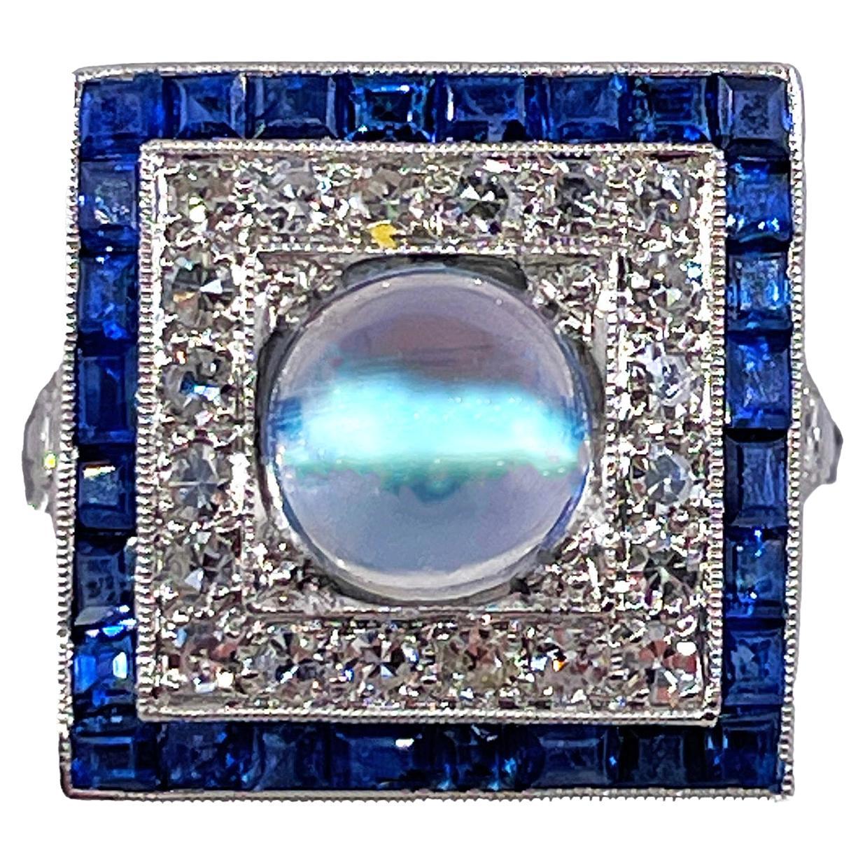 Art Deco 5.54ctw Blue Moonstone Diamond Sapphire Platinum Dinner Ring, C. 1920