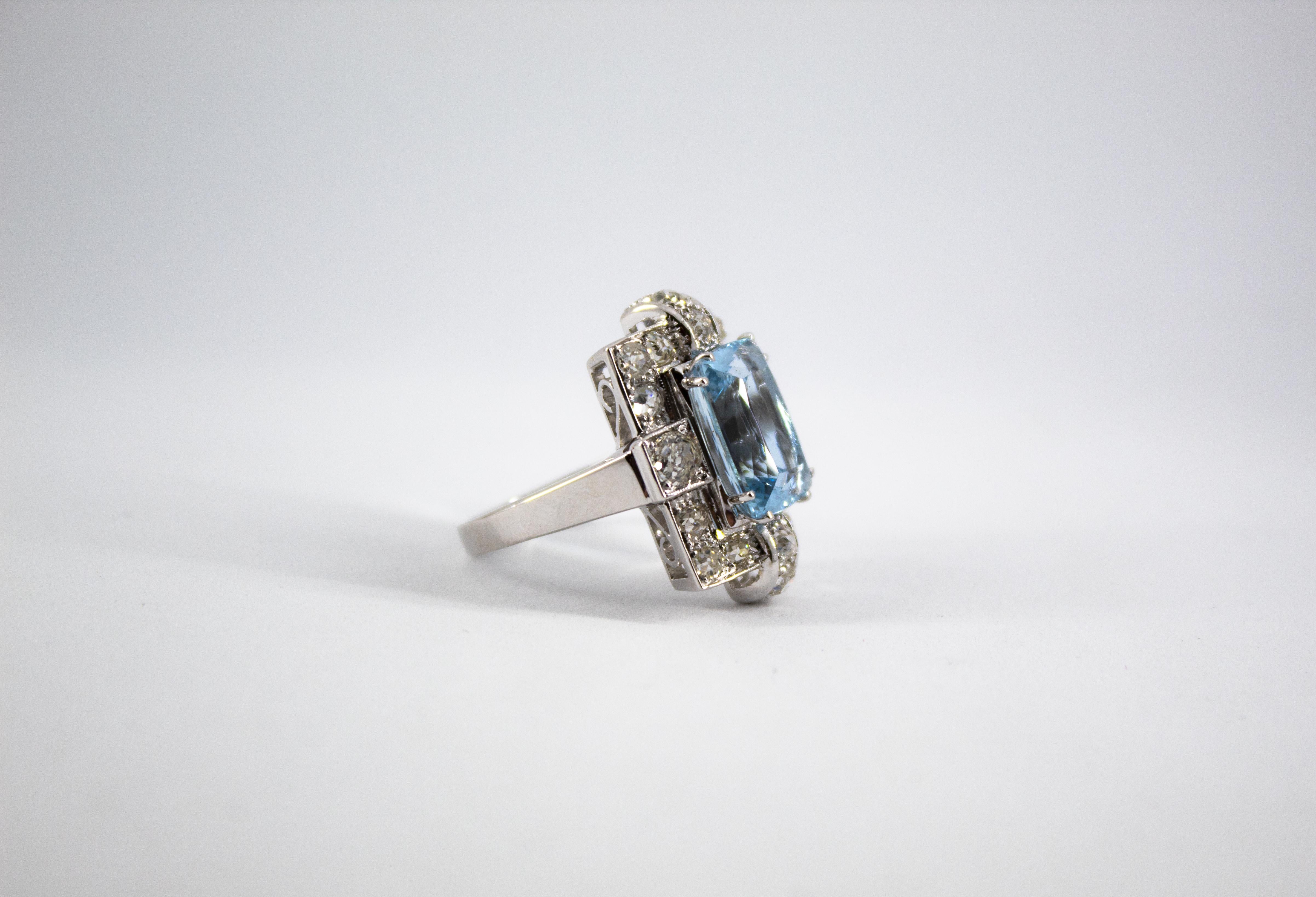 Art Deco 5.60 Carat Aquamarine 2.00 Carat White Diamond White Gold Cocktail Ring 8