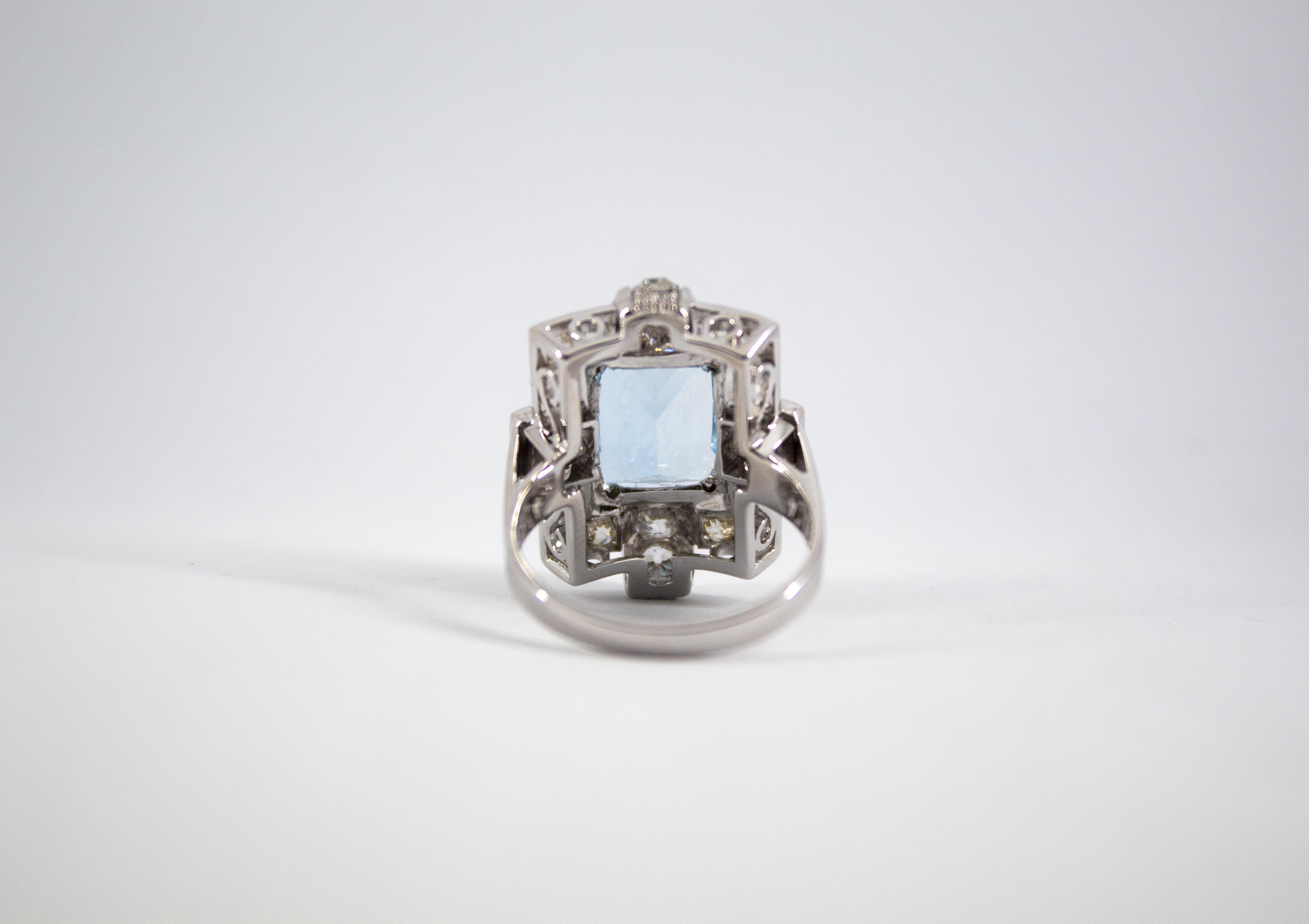 Art Deco 5.60 Carat Aquamarine 2.00 Carat White Diamond White Gold Cocktail Ring 12