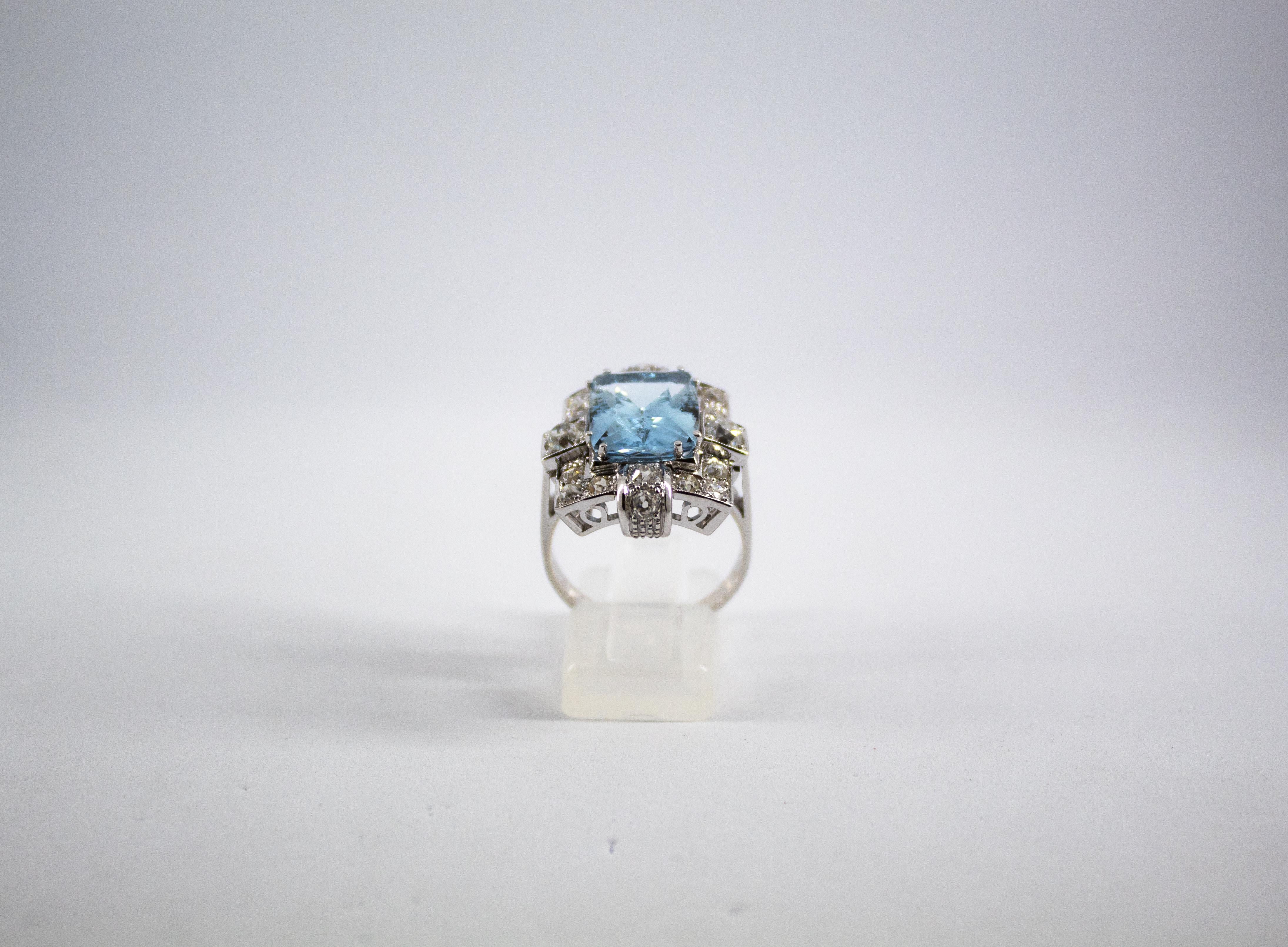 Renaissance Art Deco 5.60 Carat Aquamarine 2.00 Carat White Diamond White Gold Cocktail Ring