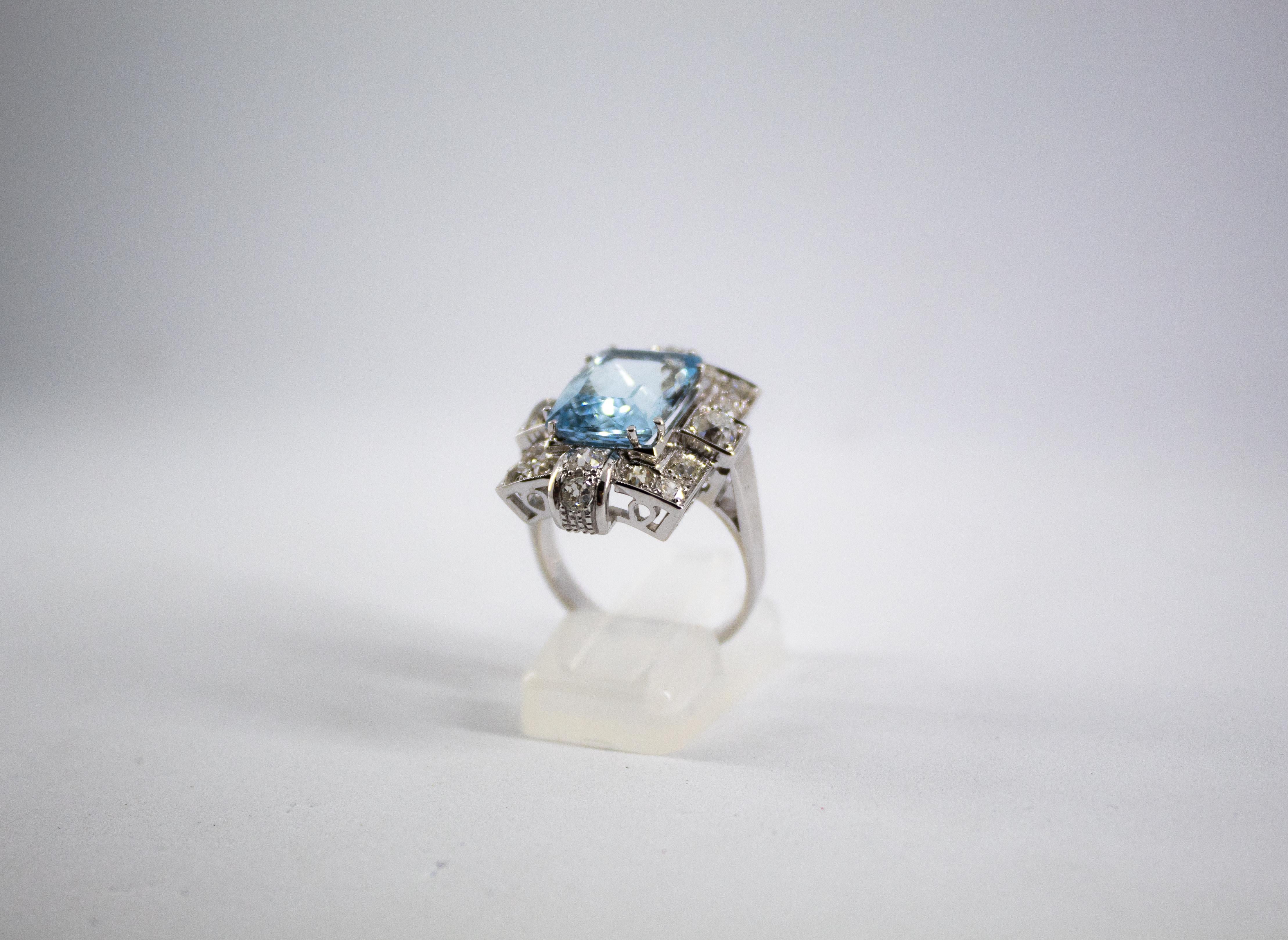 Art Deco 5.60 Carat Aquamarine 2.00 Carat White Diamond White Gold Cocktail Ring 1