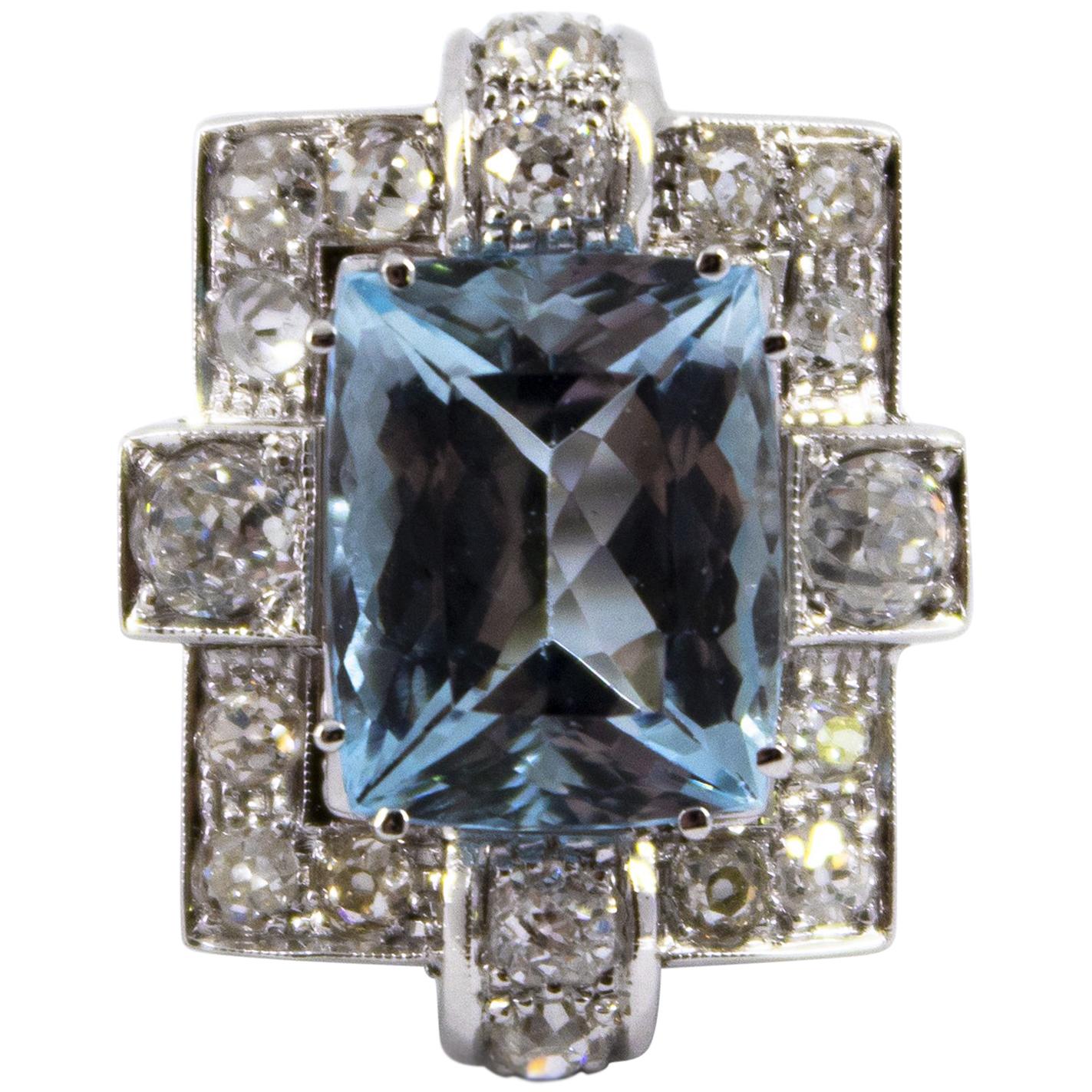 Art Deco 5.60 Carat Aquamarine 2.00 Carat White Diamond White Gold Cocktail Ring