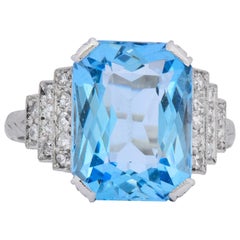 Antique Art Deco 5.60 Carat Aquamarine Diamond Platinum Cocktail Ring