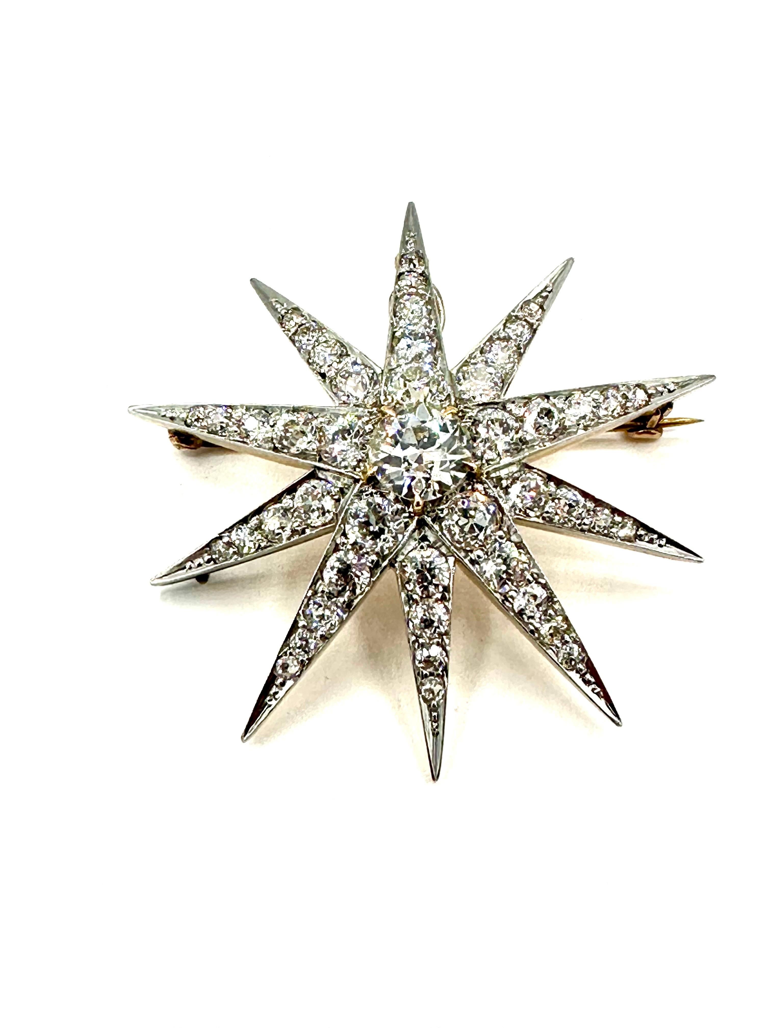 Art Deco 5.60 Carats Old European Cut Diamond Starburst Pendant Brooch In Excellent Condition For Sale In Chevy Chase, MD