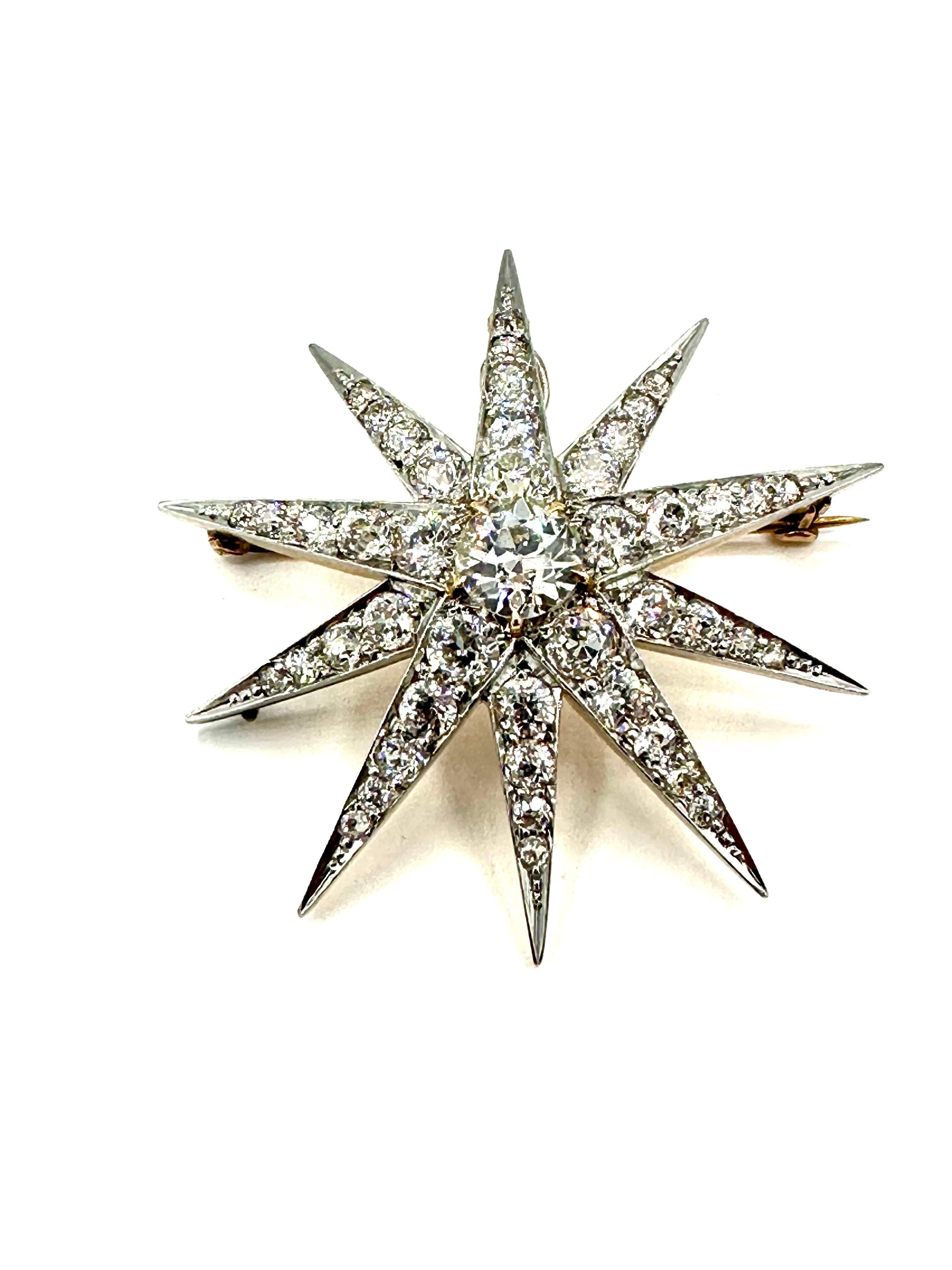 Art Deco 5.60 Carats Old European Cut Diamond Starburst Pendant Brooch In Excellent Condition In Chevy Chase, MD