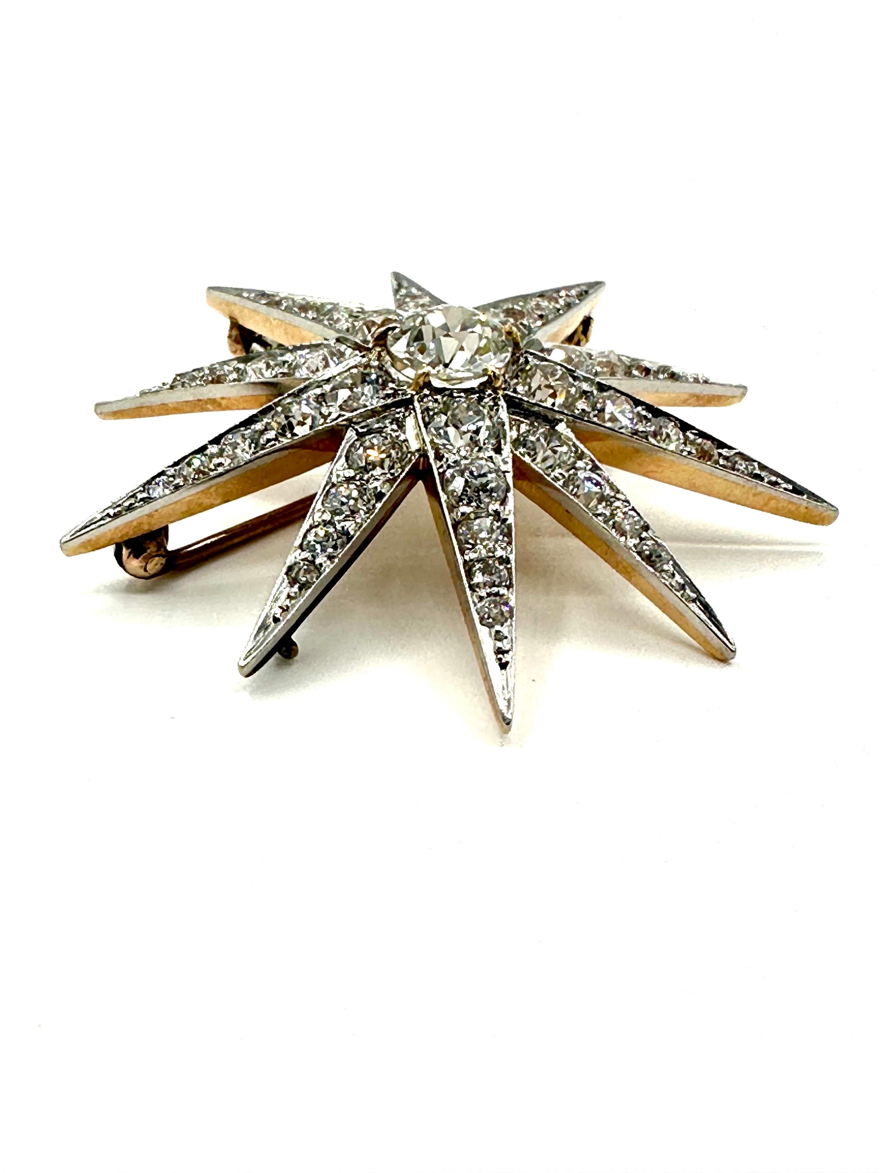 Women's or Men's Art Deco 5.60 Carats Old European Cut Diamond Starburst Pendant Brooch For Sale