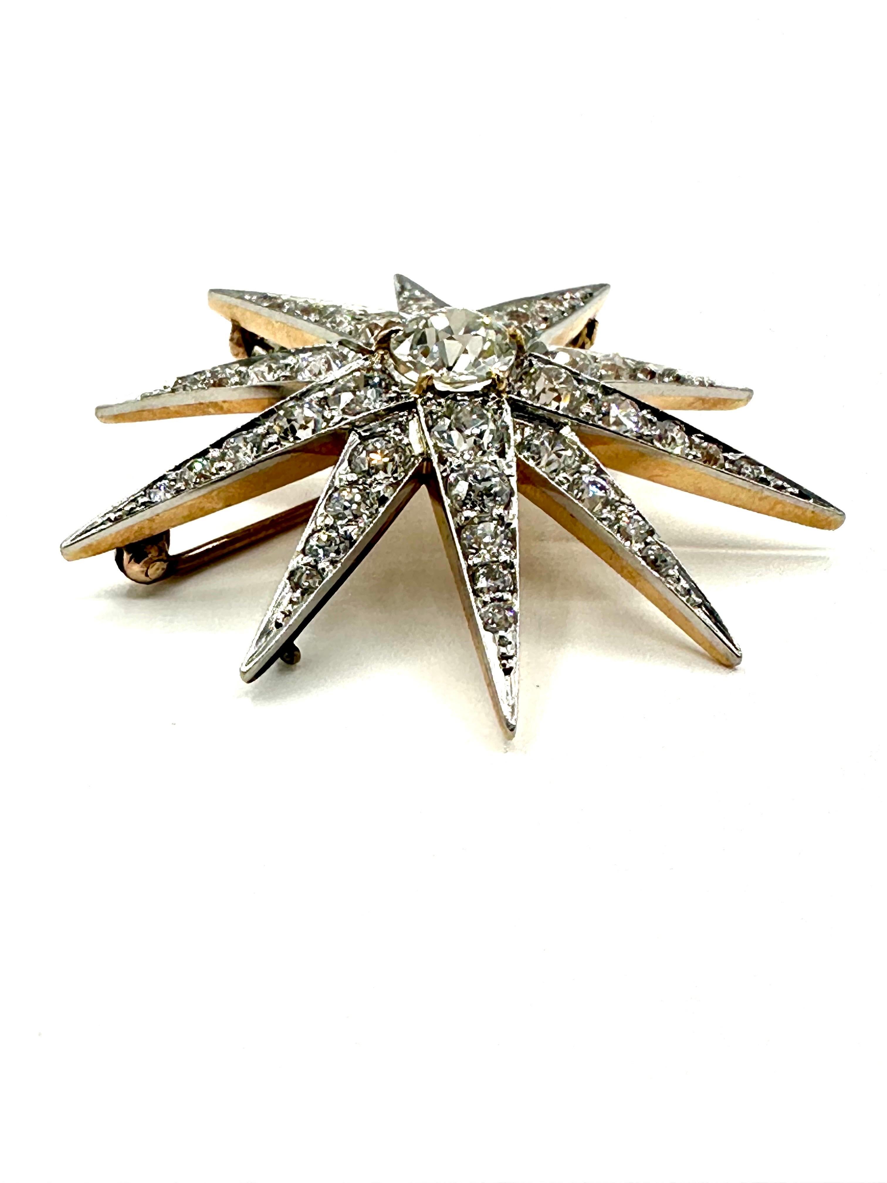 Women's or Men's Art Deco 5.60 Carats Old European Cut Diamond Starburst Pendant Brooch