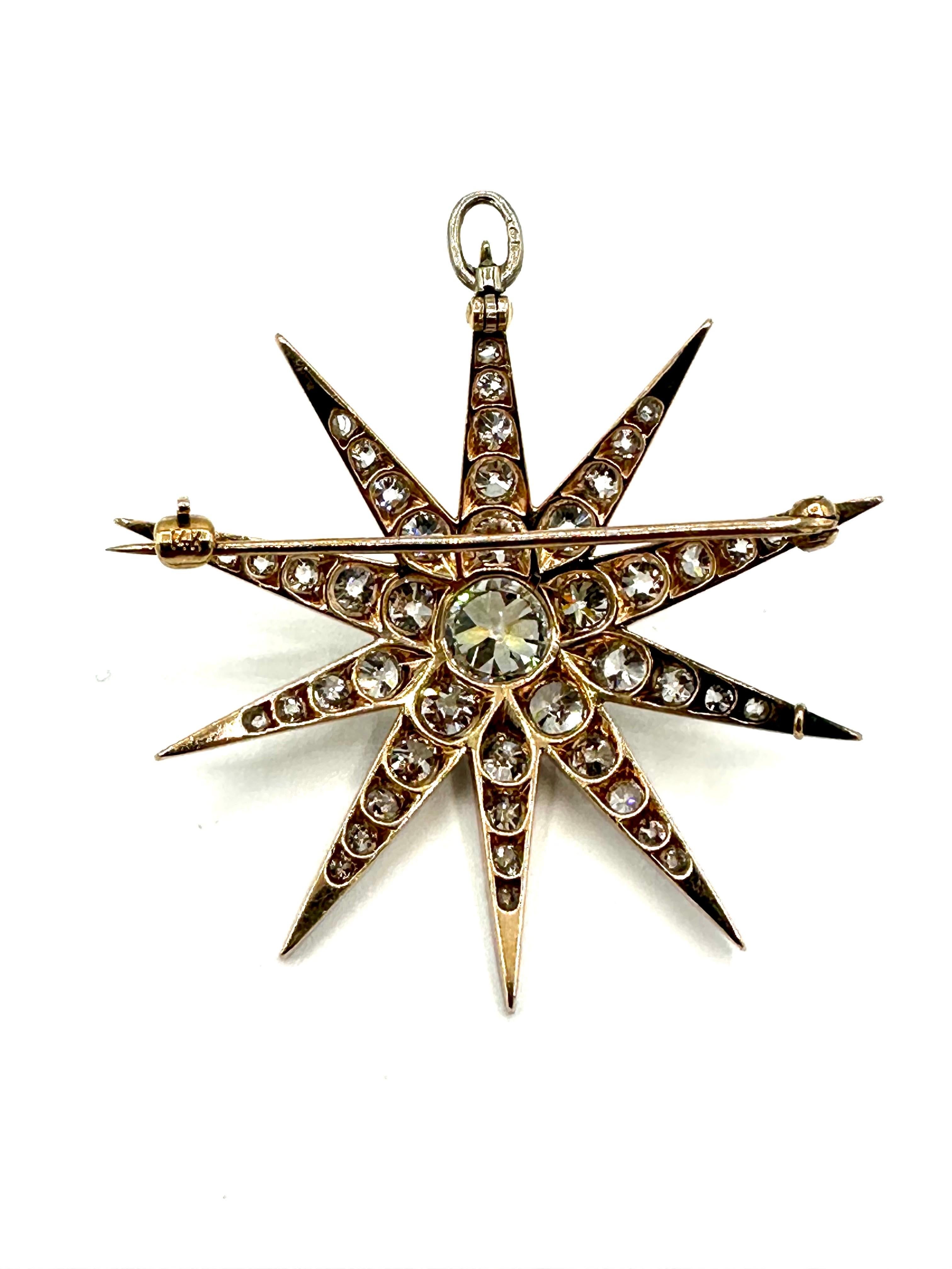 Art Deco 5.60 Carats Old European Cut Diamond Starburst Pendant Brooch For Sale 1