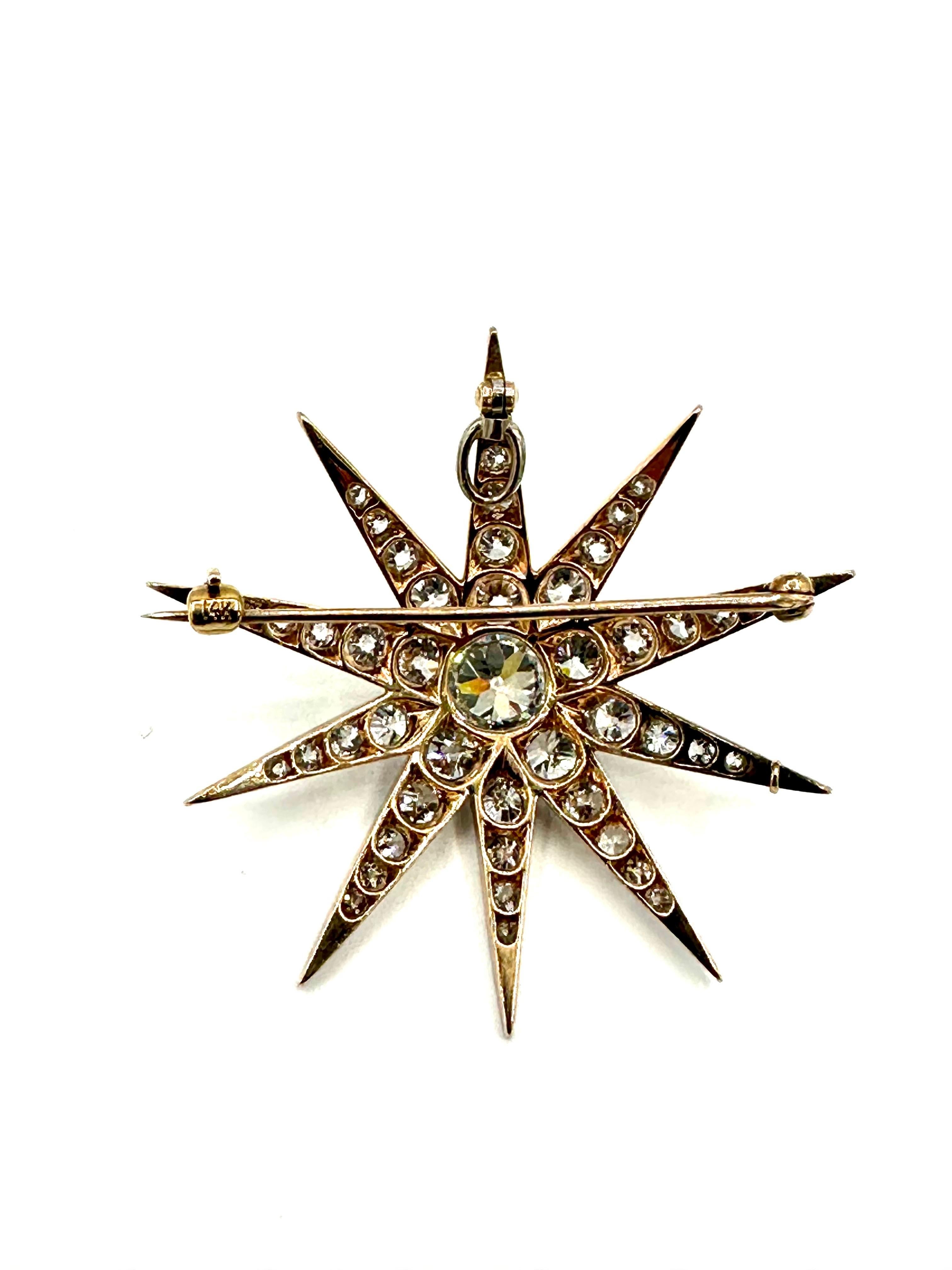 Art Deco 5.60 Carats Old European Cut Diamond Starburst Pendant Brooch For Sale 2