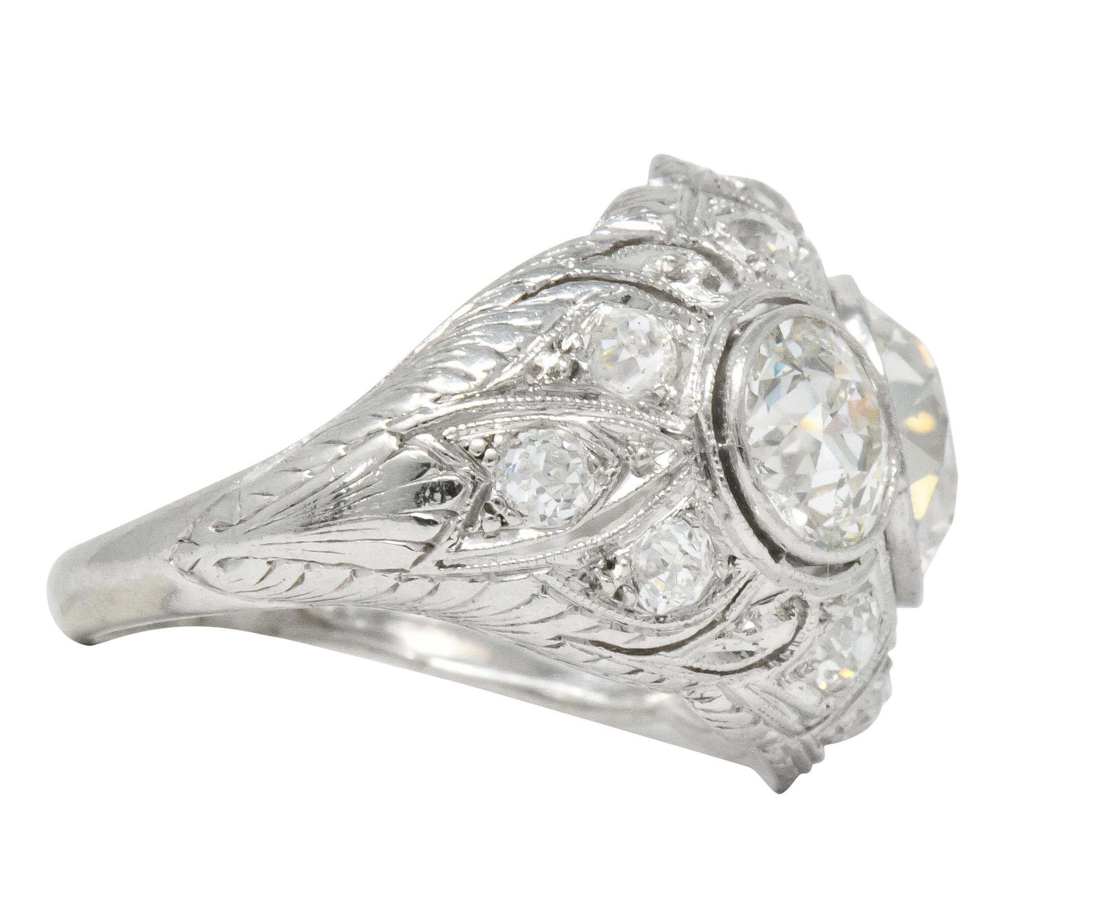 Old European Cut Art Deco 5.60 Carat Old European Diamond Platinum Three Stone Ring