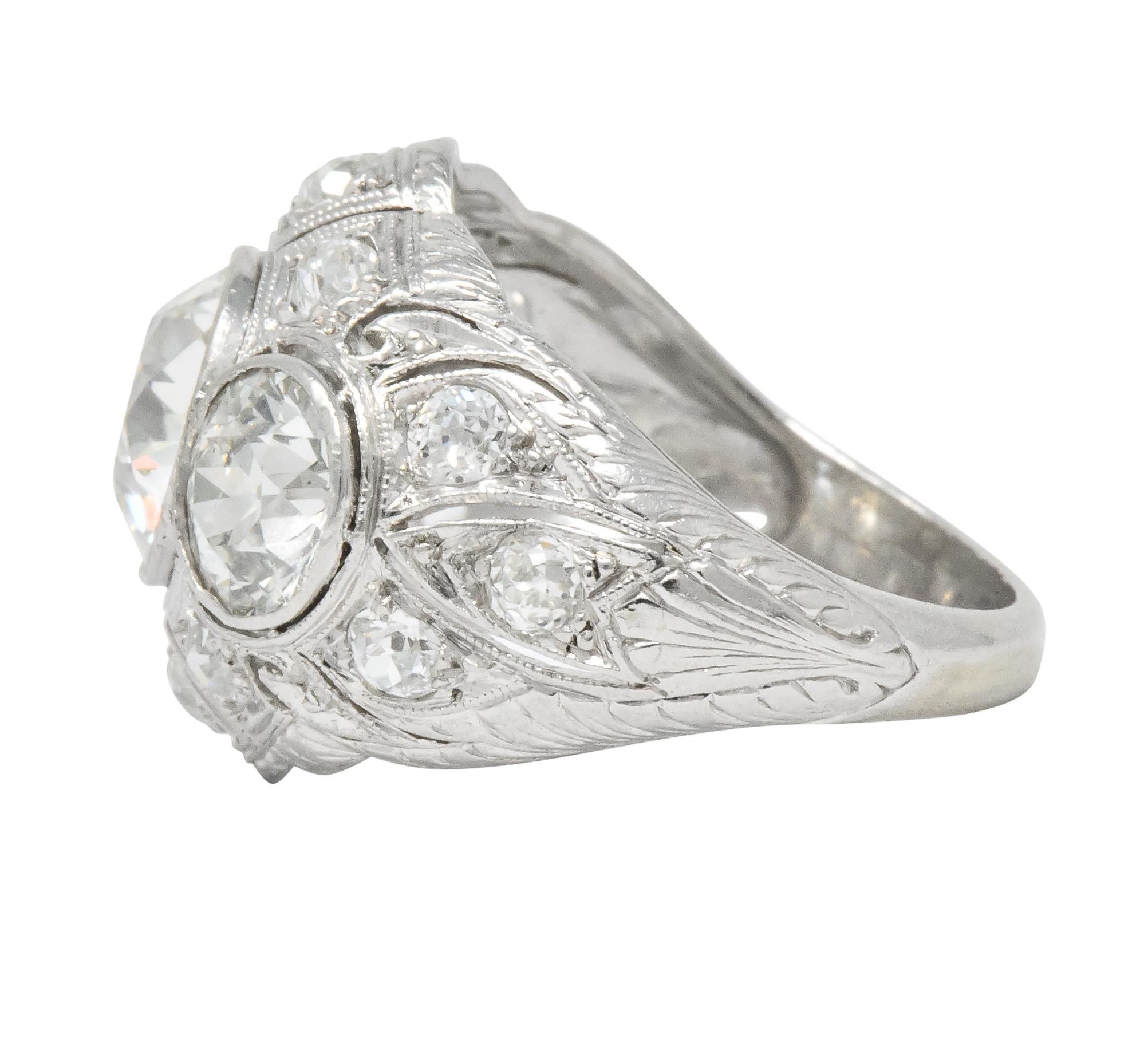 Art Deco 5.60 Carat Old European Diamond Platinum Three Stone Ring In Excellent Condition In Philadelphia, PA