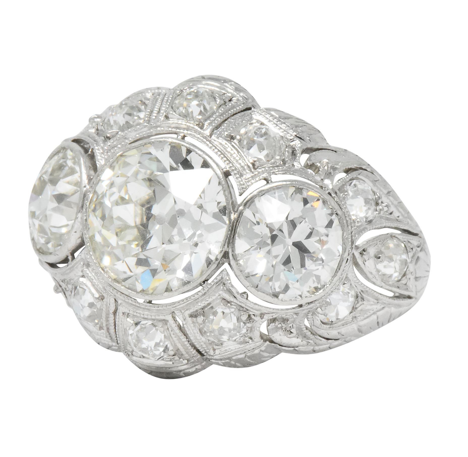 Women's or Men's Art Deco 5.60 Carat Old European Diamond Platinum Three Stone Ring