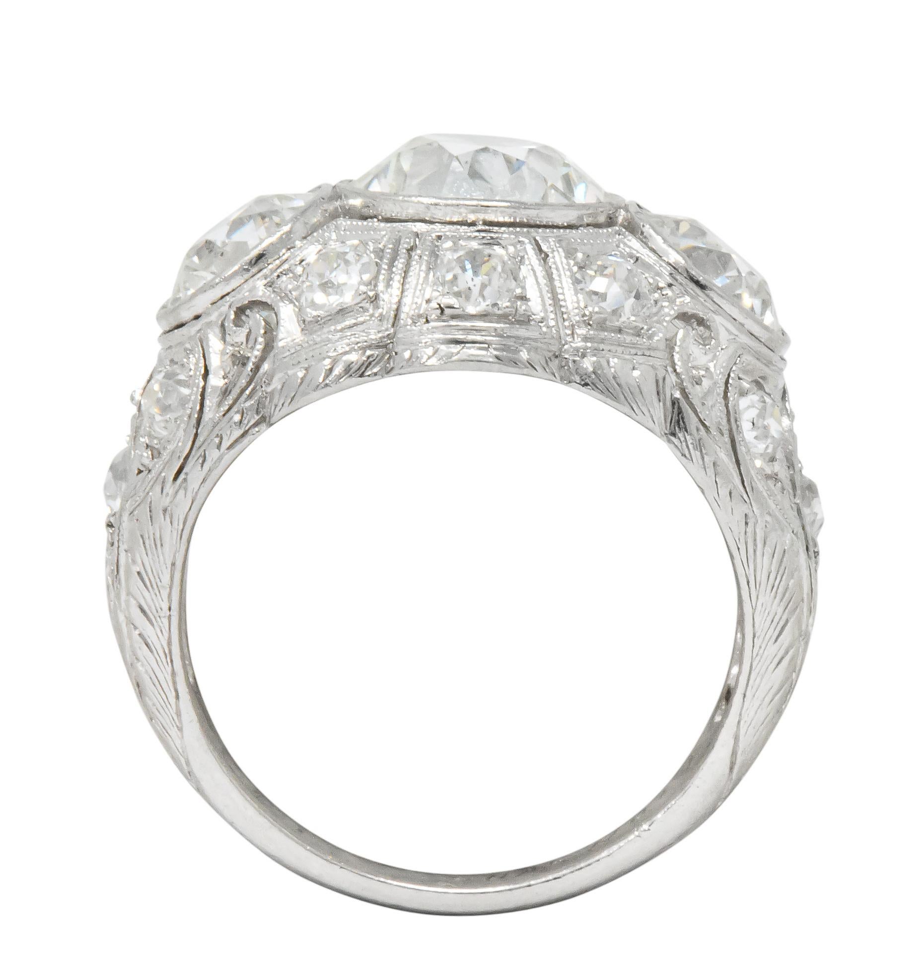 Art Deco 5.60 Carat Old European Diamond Platinum Three Stone Ring 2