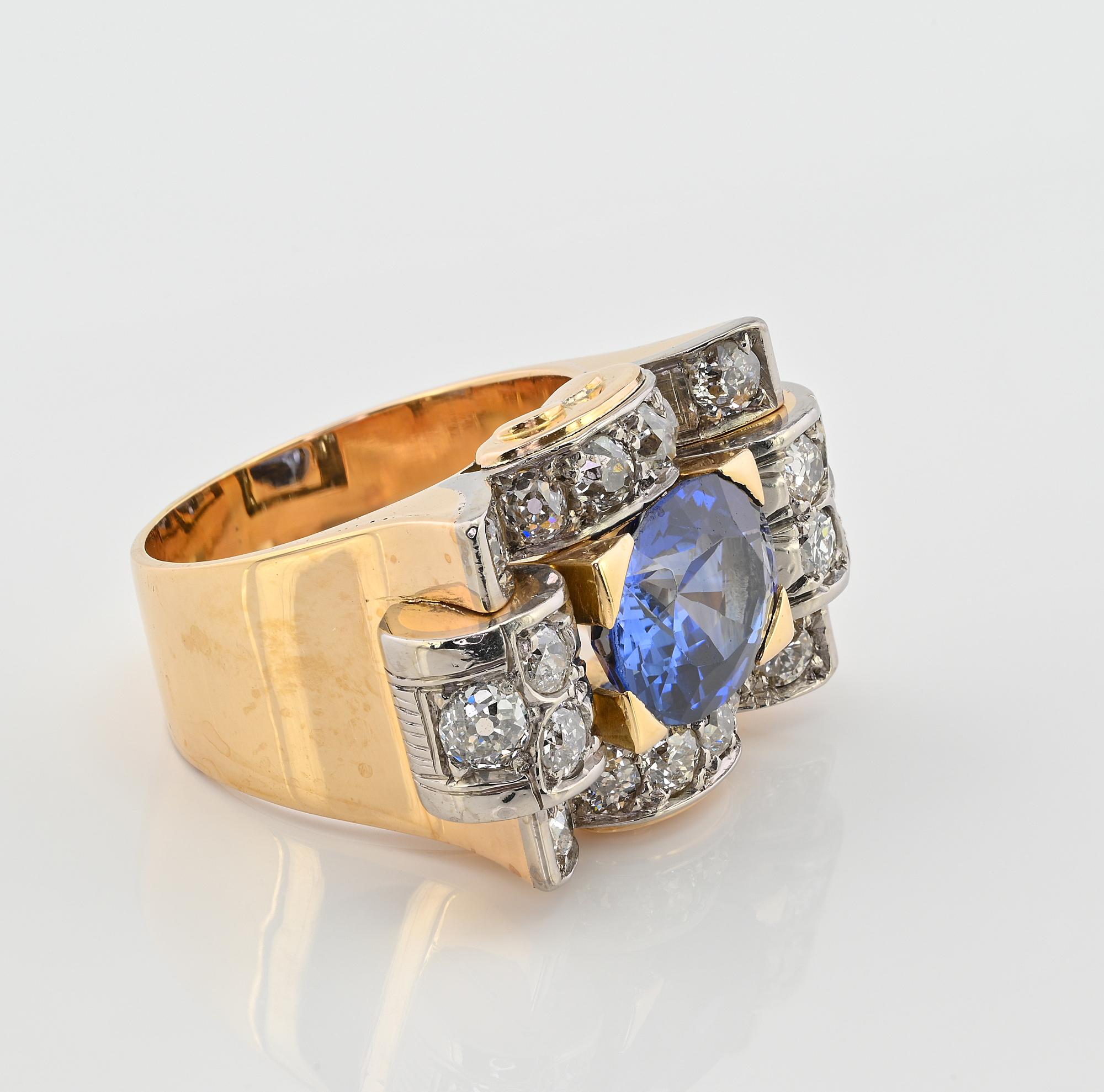 Art Deco 5,60 Karat Verneuil Saphir 3,20 Karat Diamantring (Art déco) im Angebot