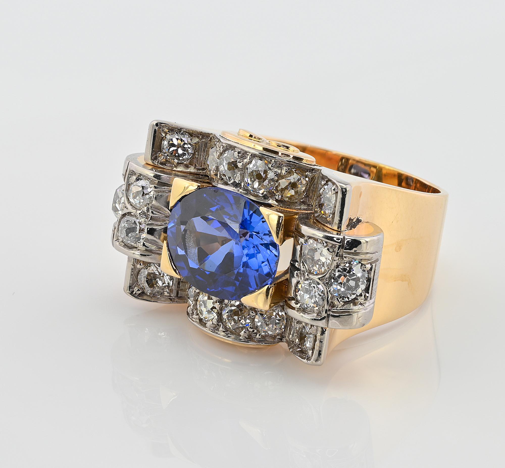 Art Deco 5,60 Karat Verneuil Saphir 3,20 Karat Diamantring im Zustand „Gut“ im Angebot in Napoli, IT