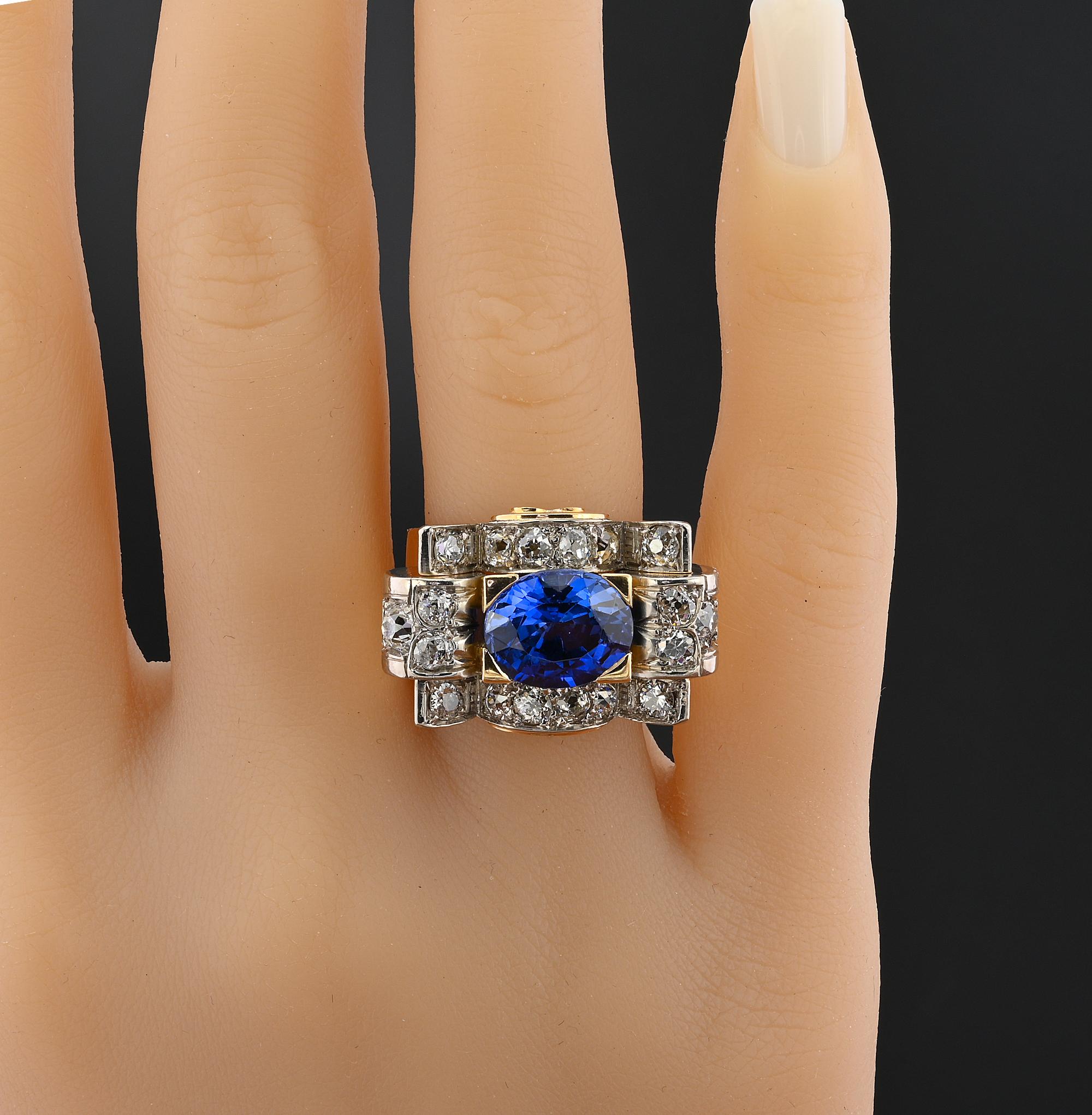Art Deco 5,60 Karat Verneuil Saphir 3,20 Karat Diamantring im Angebot 3