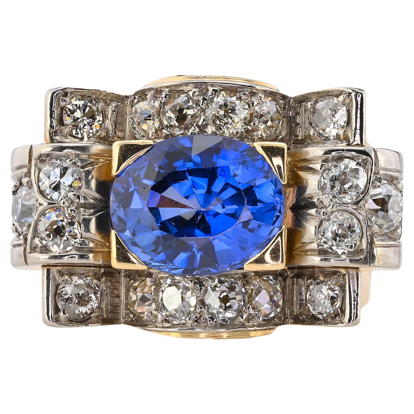 Art Deco 5.60 Ct Verneuil Sapphire 3.20 Ct Diamond Ring