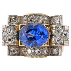 Antique Art Deco 5.60 Ct Verneuil Sapphire 3.20 Ct Diamond Ring