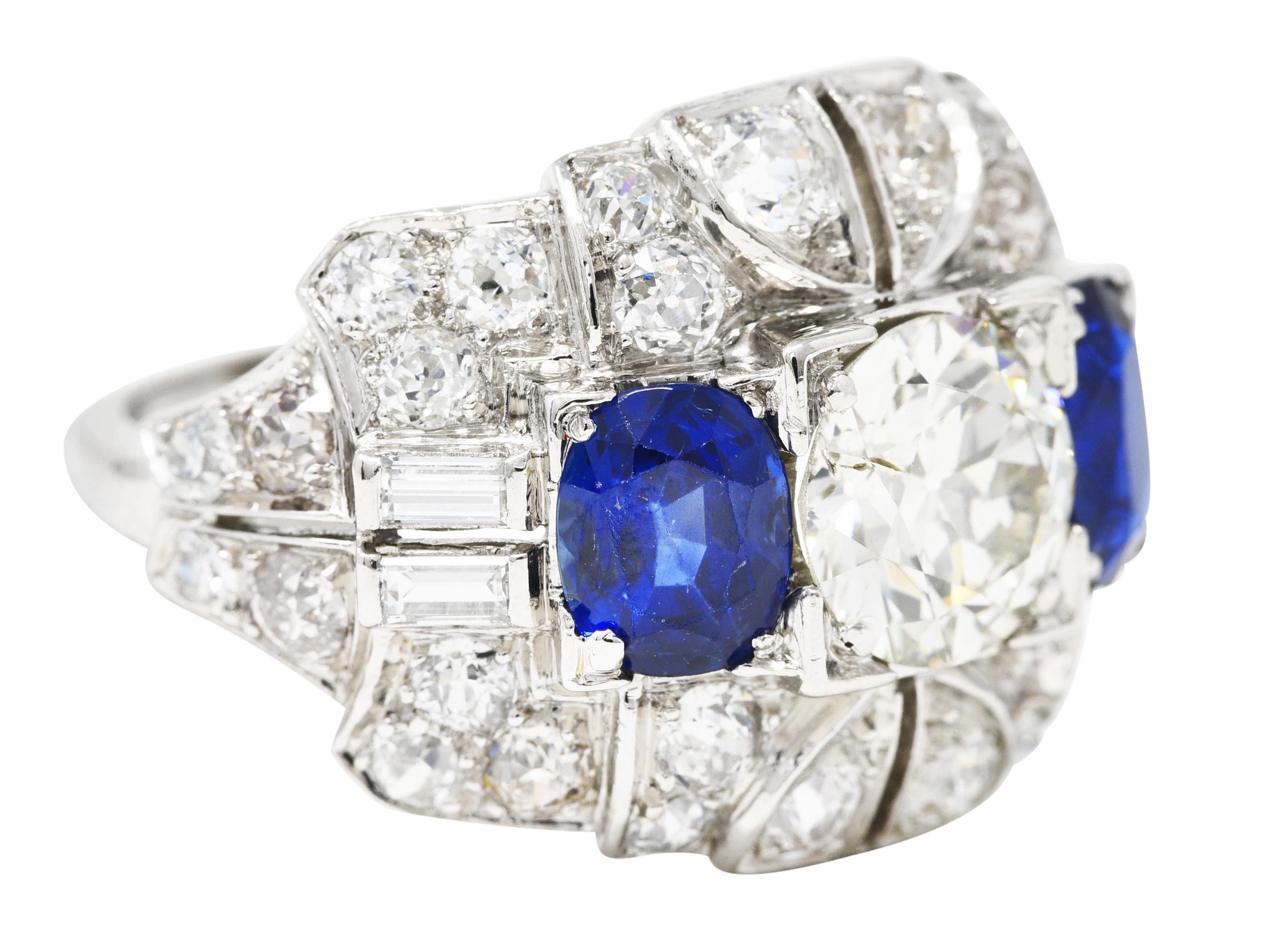 Old European Cut Art Deco 5.61 Carats Diamond Sapphire Platinum Bombè Band Ring For Sale