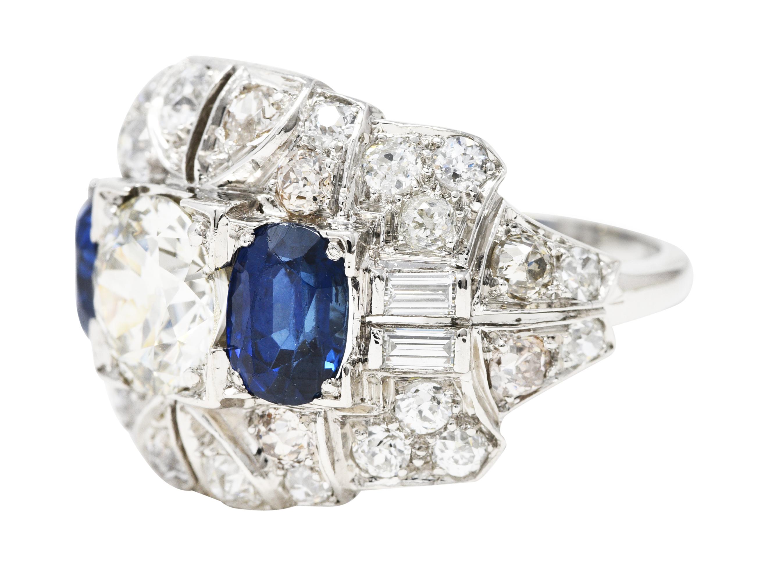 Art Deco 5.61 Carats Diamond Sapphire Platinum Bombè Band Ring For Sale 2
