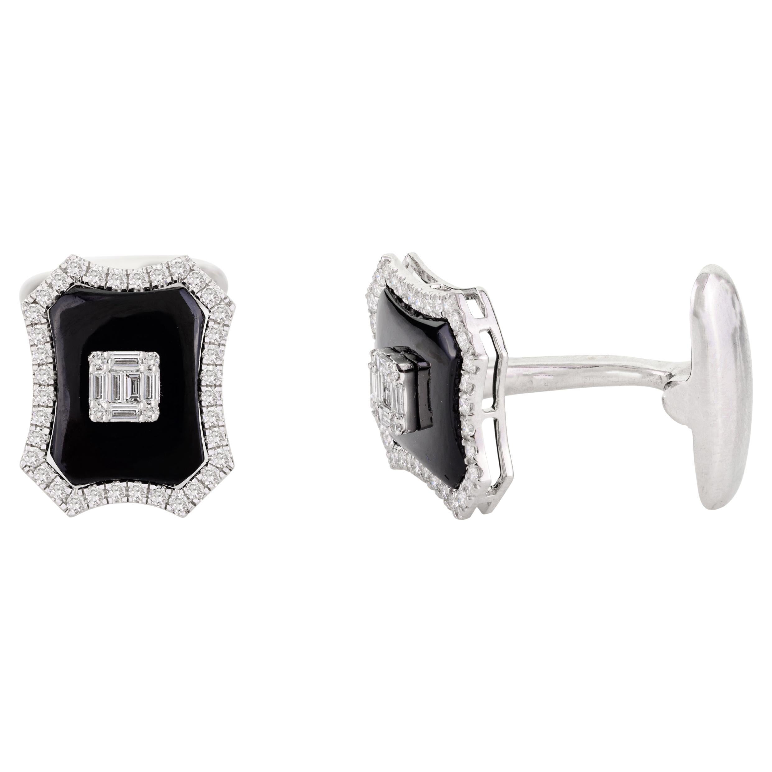 Art Deco 5.62 CTW Diamond Onyx Cufflinks Christmas Gifts in 18k White Gold