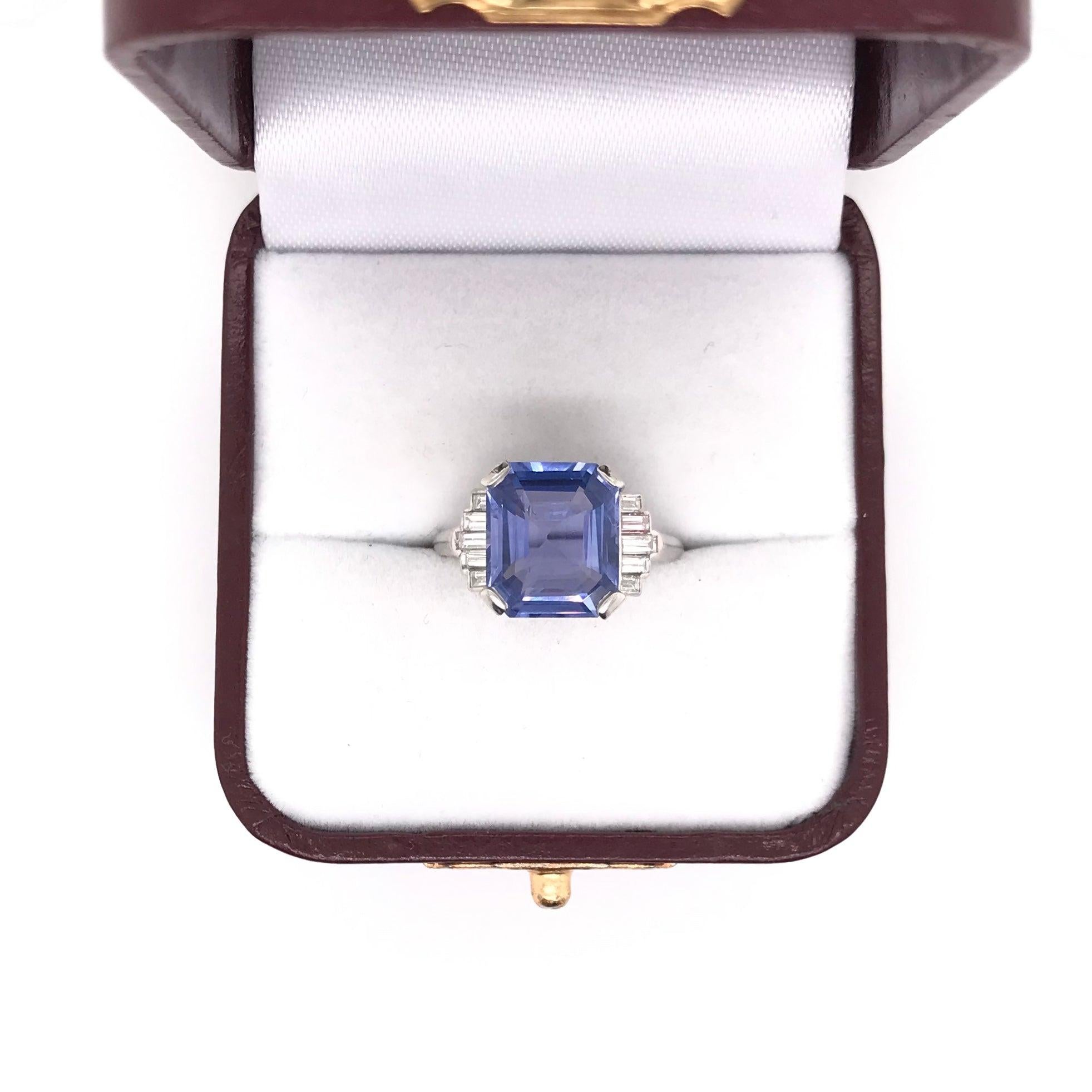 Art Deco 5.63 Carat GIA Ceylon Sapphire and Diamond Platinum Ring No Heat 6