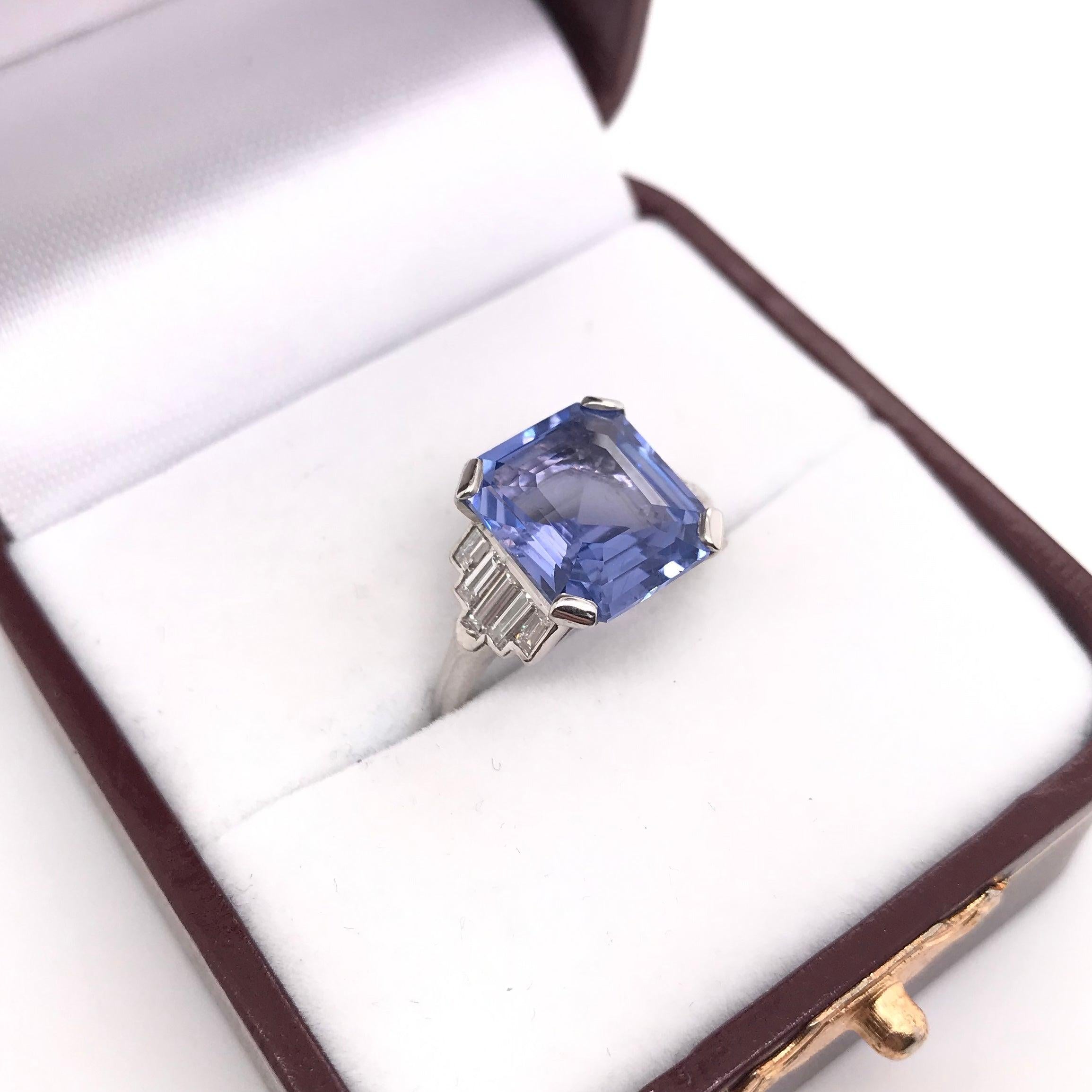 Art Deco 5.63 Carat GIA Ceylon Sapphire and Diamond Platinum Ring No Heat 8