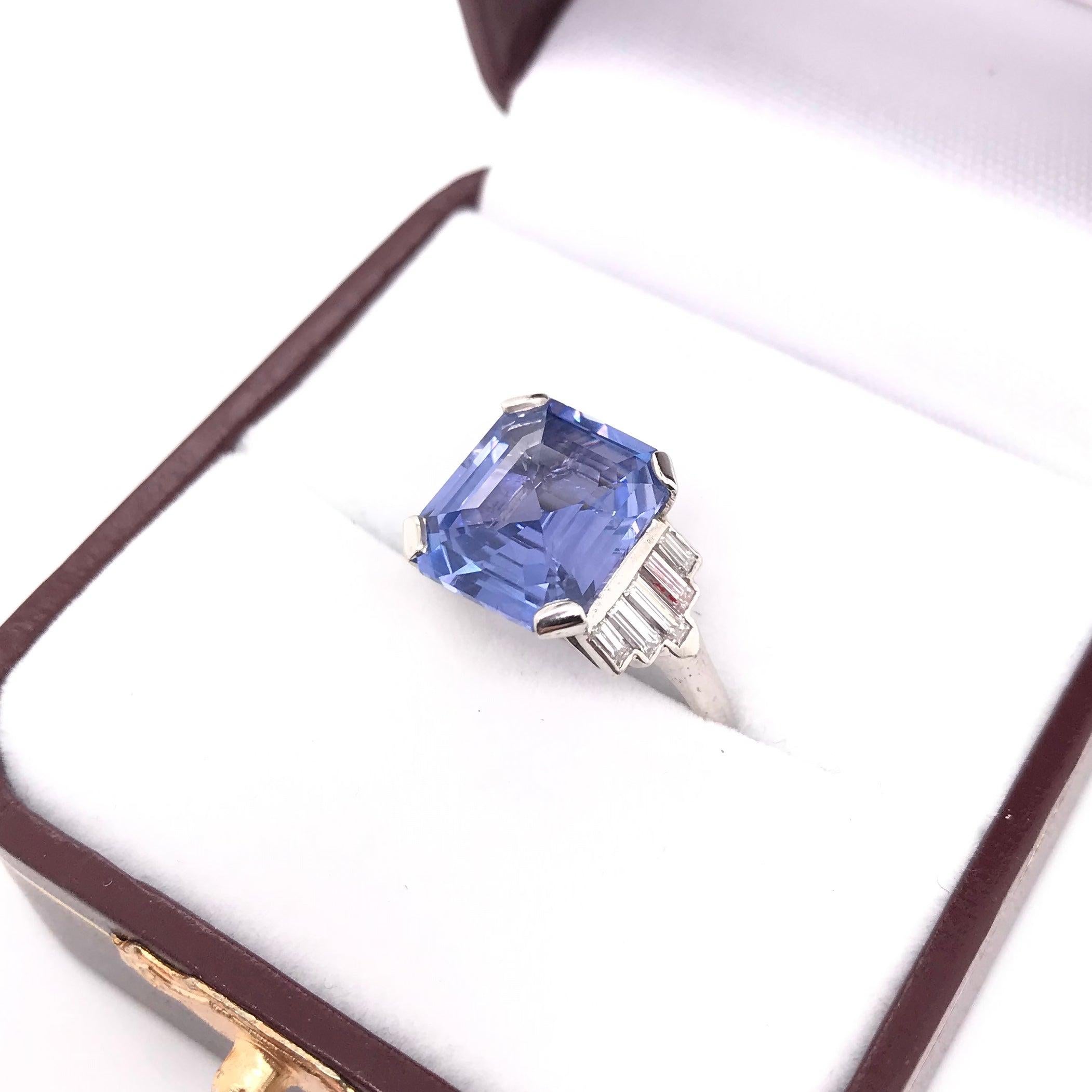 Art Deco 5.63 Carat GIA Ceylon Sapphire and Diamond Platinum Ring No Heat 9