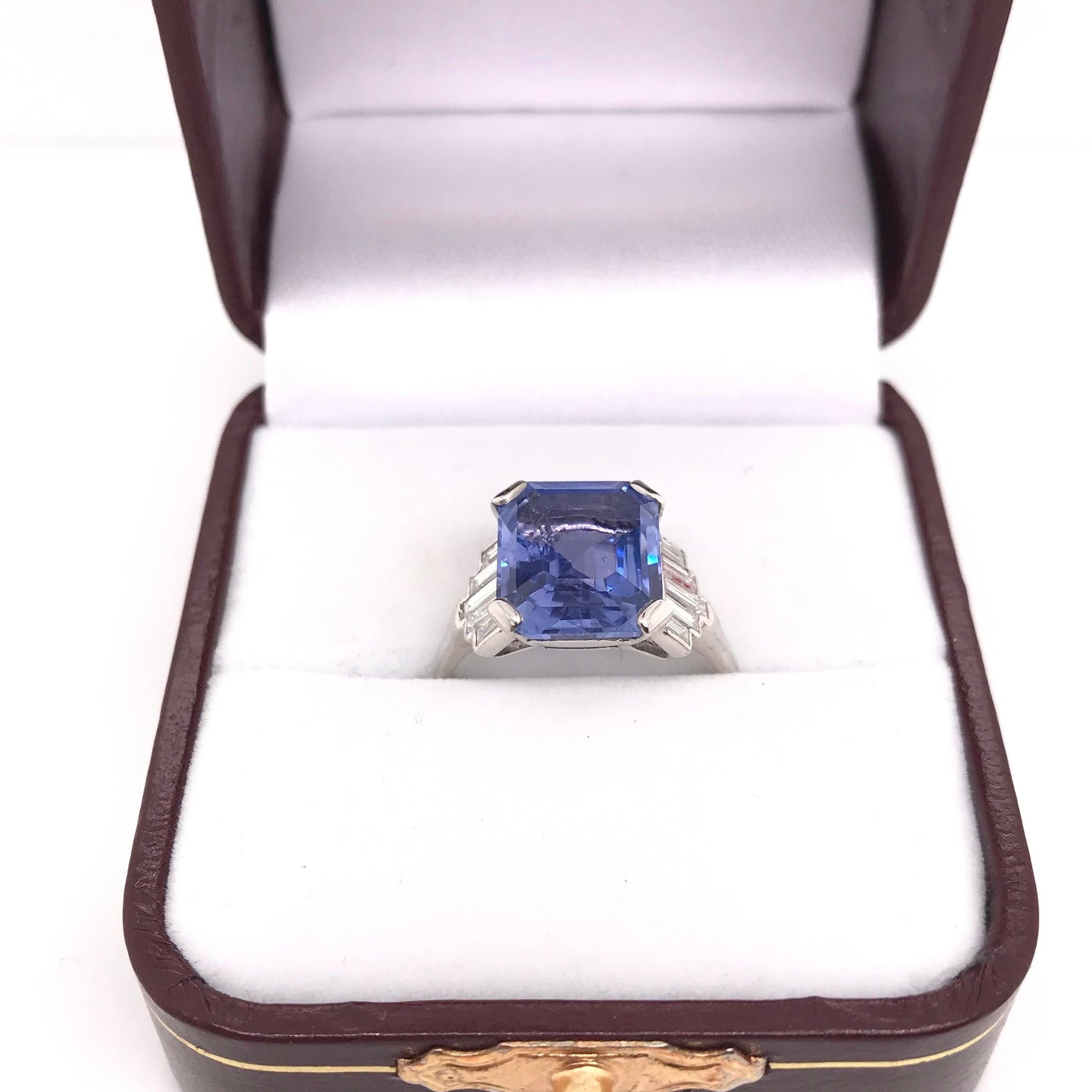 Art Deco 5.63 Carat GIA Ceylon Sapphire and Diamond Platinum Ring No Heat 11