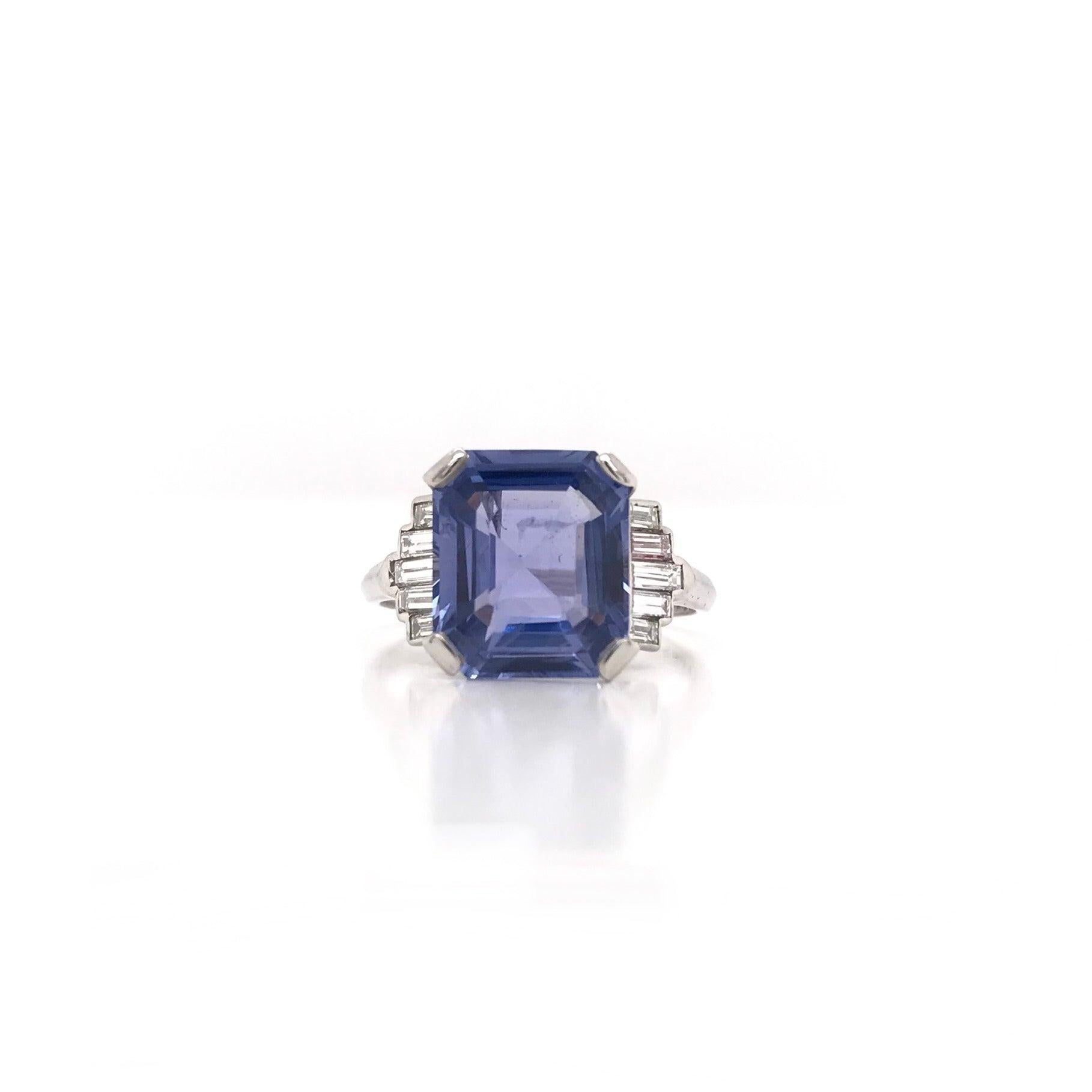 Emerald Cut Art Deco 5.63 Carat GIA Ceylon Sapphire and Diamond Platinum Ring No Heat