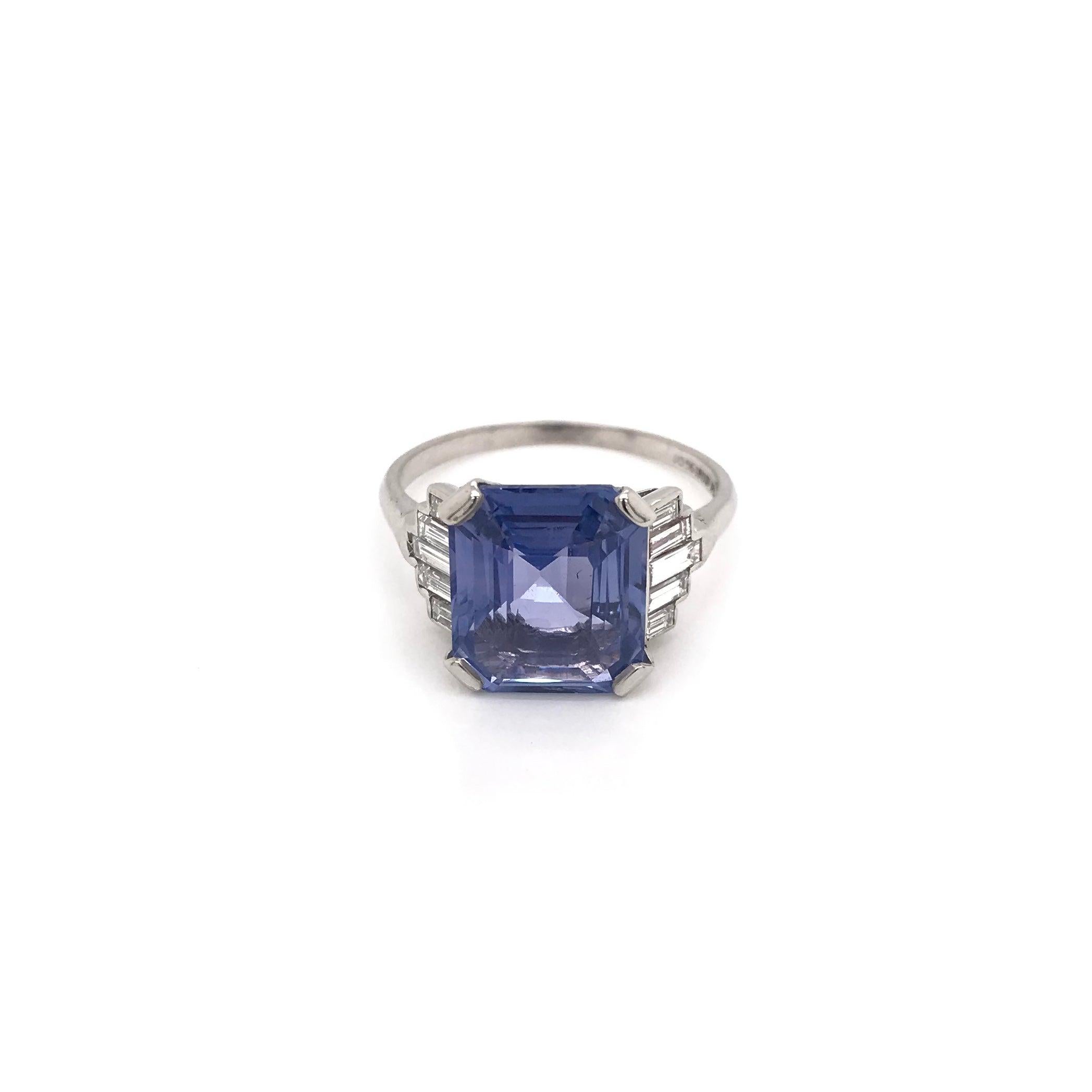 Art Deco 5.63 Carat GIA Ceylon Sapphire and Diamond Platinum Ring No Heat 1