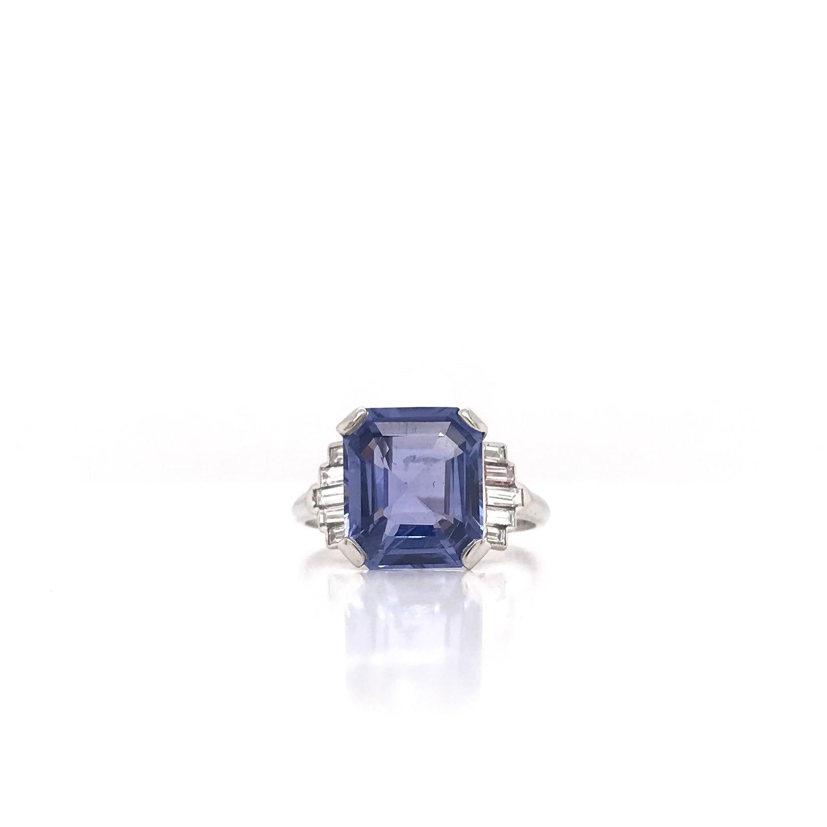 Art Deco 5.63 Carat GIA Ceylon Sapphire and Diamond Platinum Ring No Heat 3
