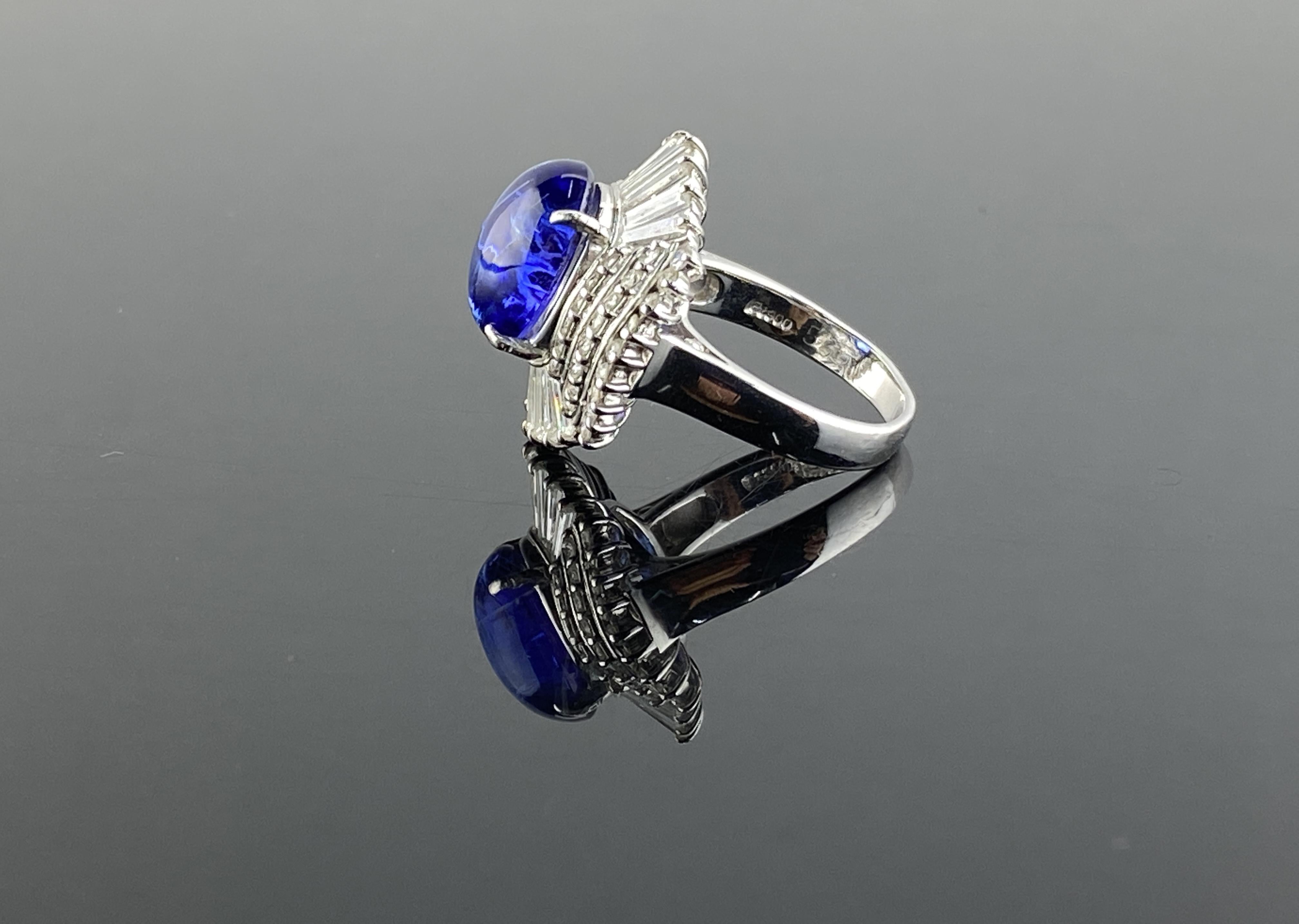 Art Deco Art-Deco 5.63 Carat Tanzanite Cabochon and Diamond Platinum Engagement Ring For Sale