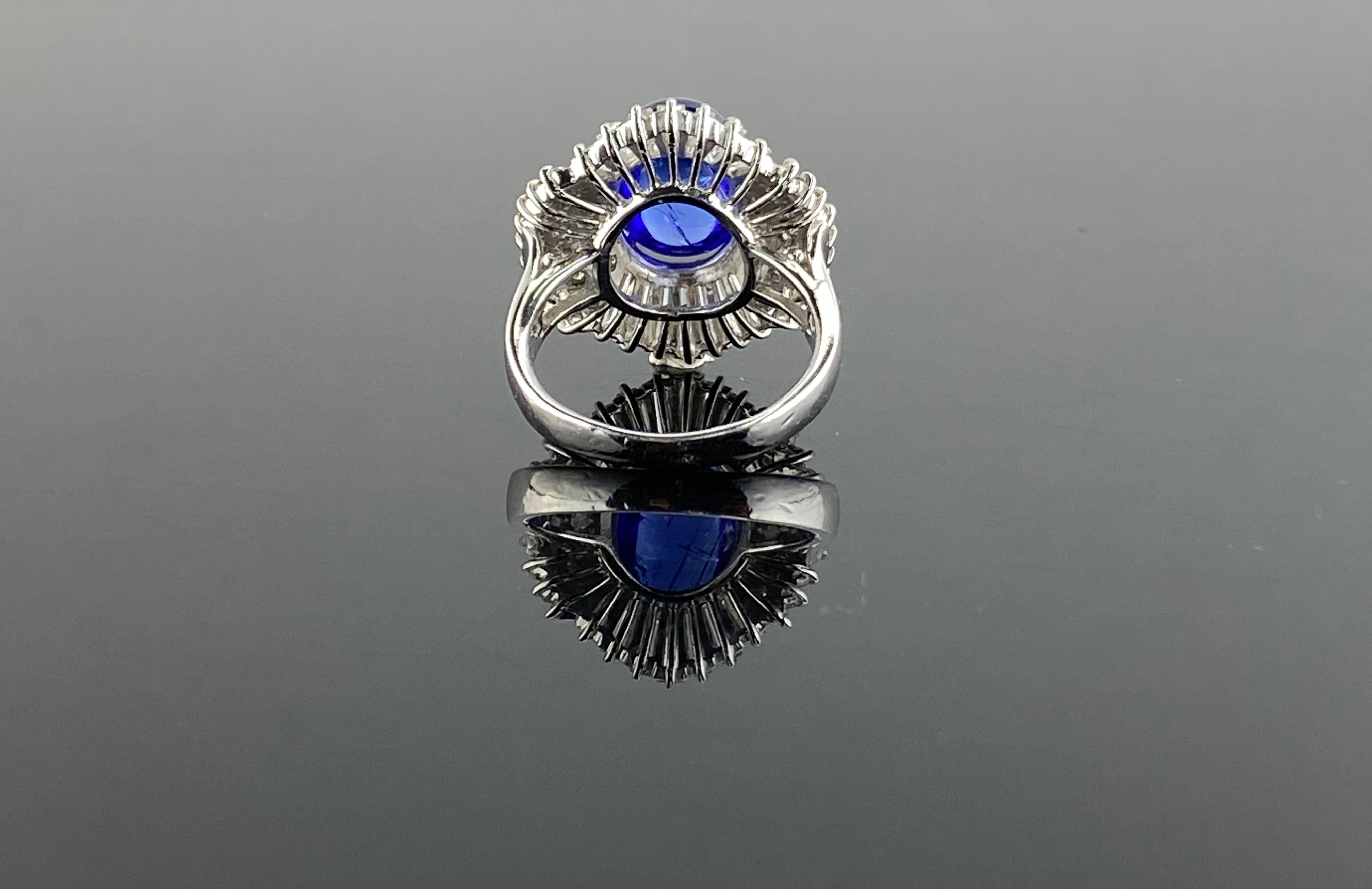 Art-Deco 5.63 Carat Tanzanite Cabochon and Diamond Platinum Engagement Ring In New Condition For Sale In Bangkok, Thailand